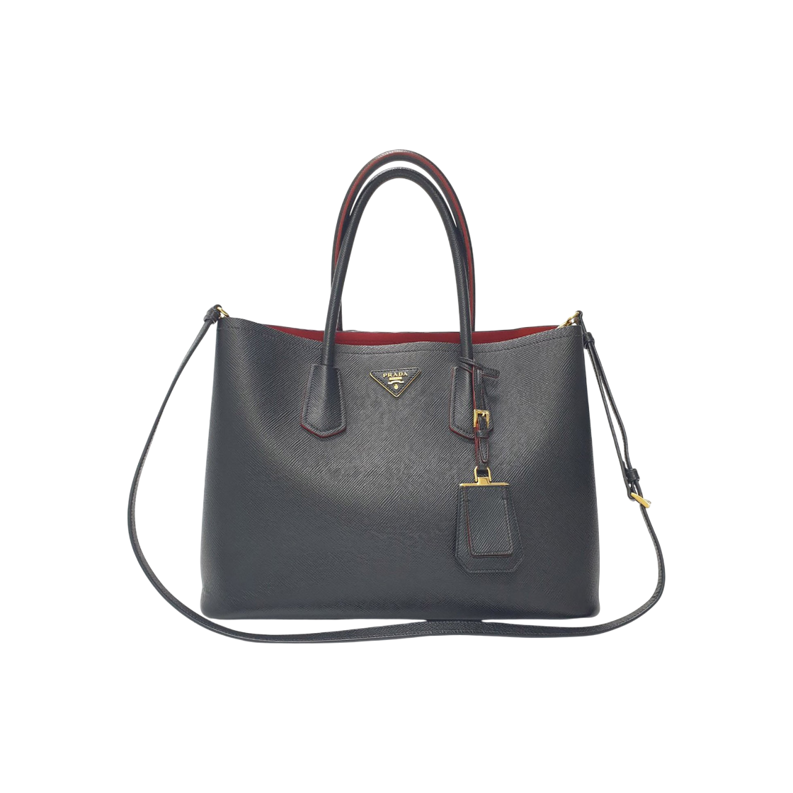 ITLRW4DNFGEE Prada Saffiano Black Double Tote Bag with Gold Logo Two Way Shoulder Strap
