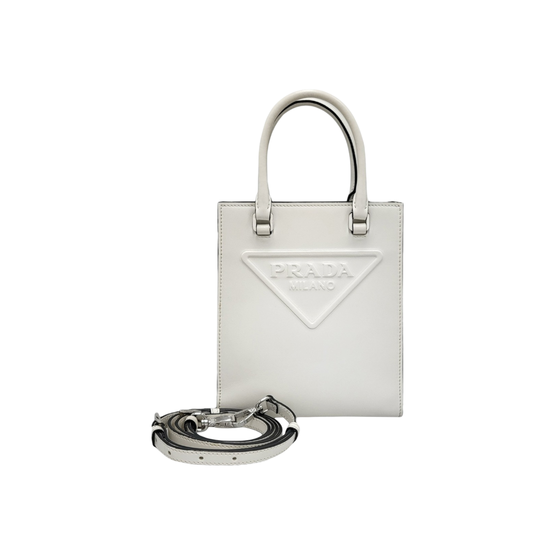 ITM9TJKI6GGM Prada Brushed White Small Tote Bag with Strap