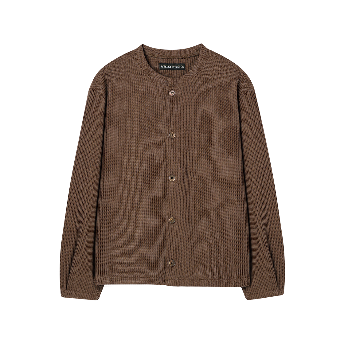 웨슬리휴스턴 크루 넥 벌룬 슬리브 가디건 다크브라운(WESLEY HYUSTON Crew Neck Balloon Sleeve Cardigan Dark Brown)