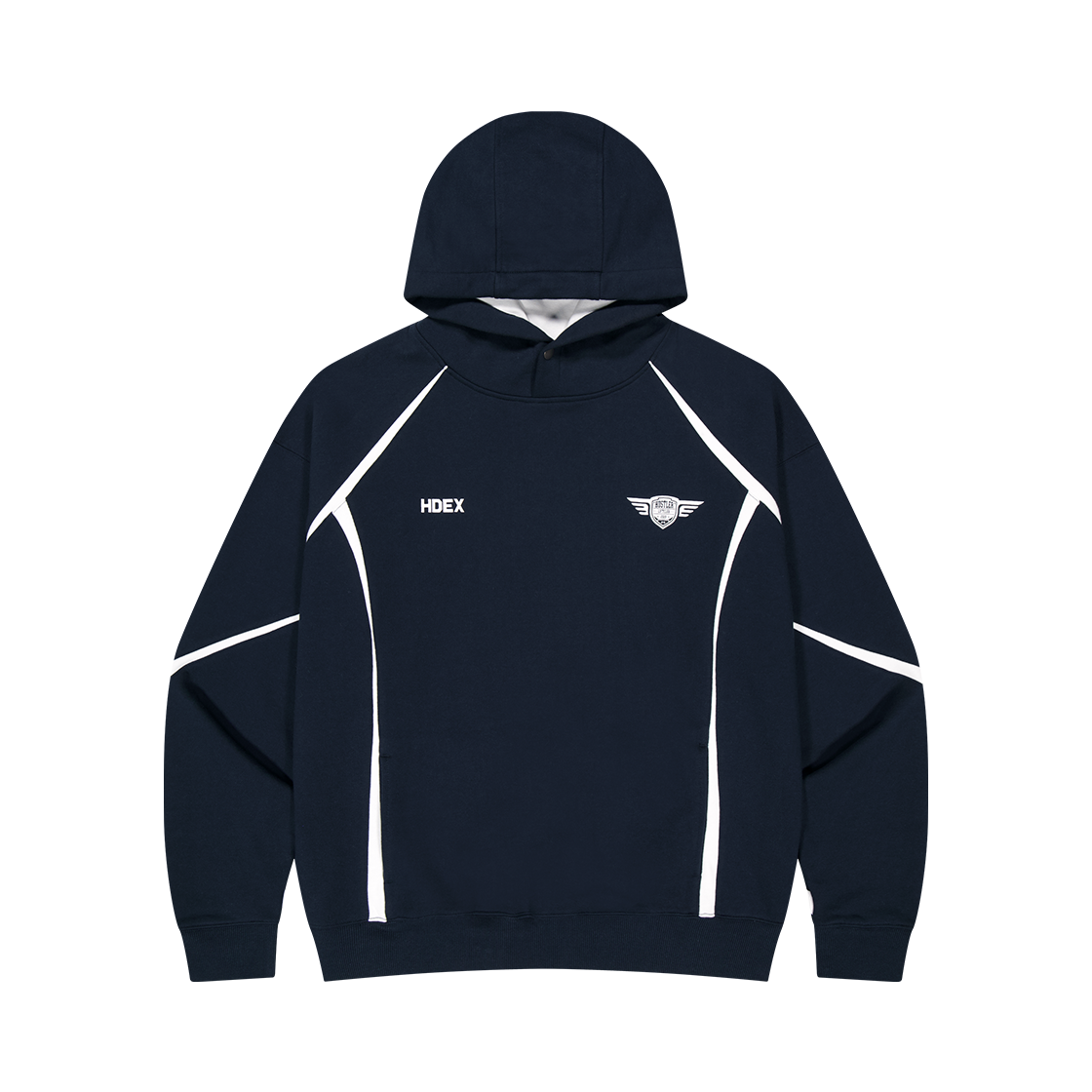 에이치덱스 윙드 로고 컬러 블럭 후디 네이비(HDEX Winged Logo Color Block Hoodie Navy)