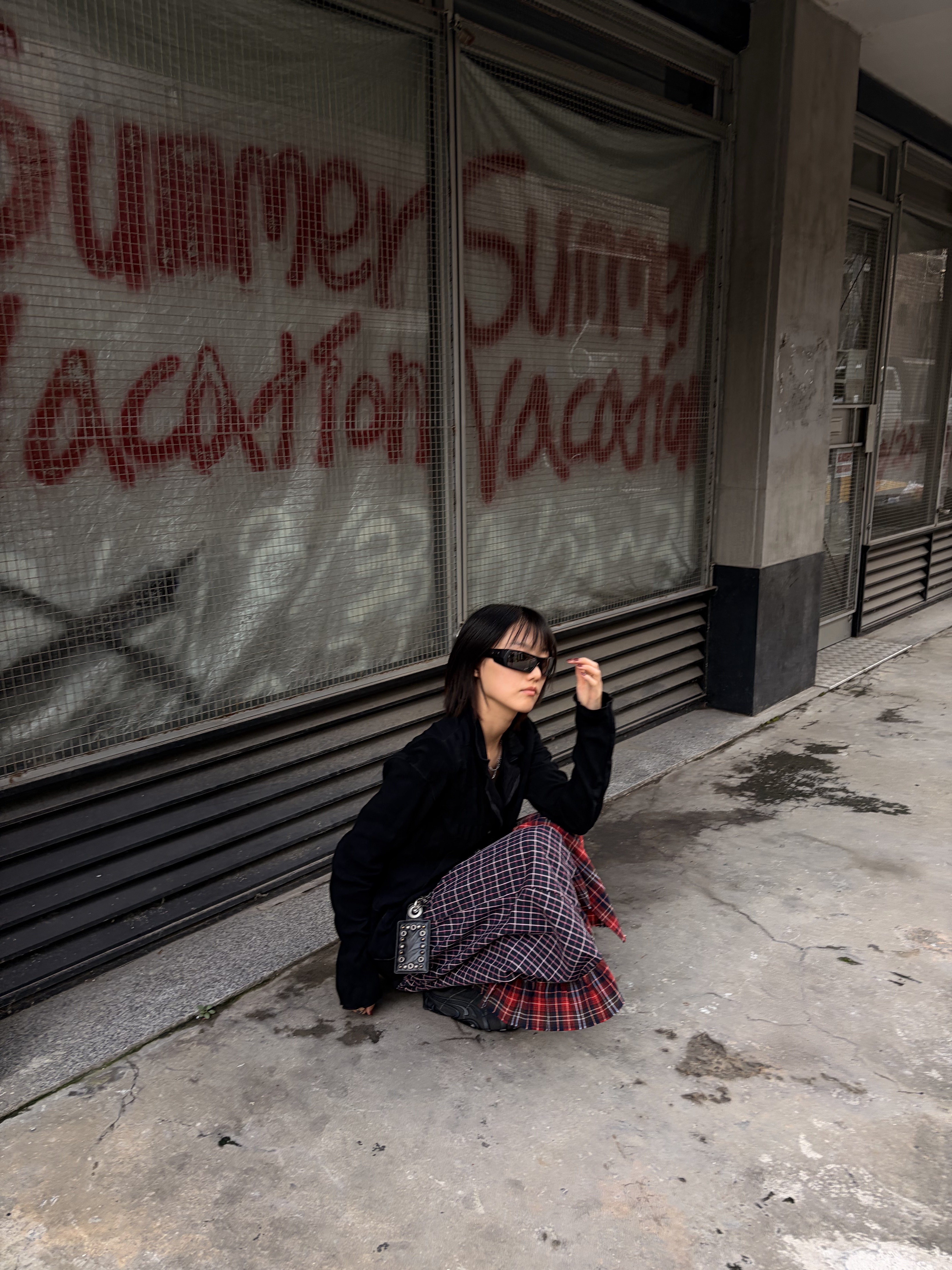 Vacant Archive Mira Mixed Wrap Skirt Black, Puma x No/Faith Studios Talon OG Flat Medium Grey 착용 스타일 - 3