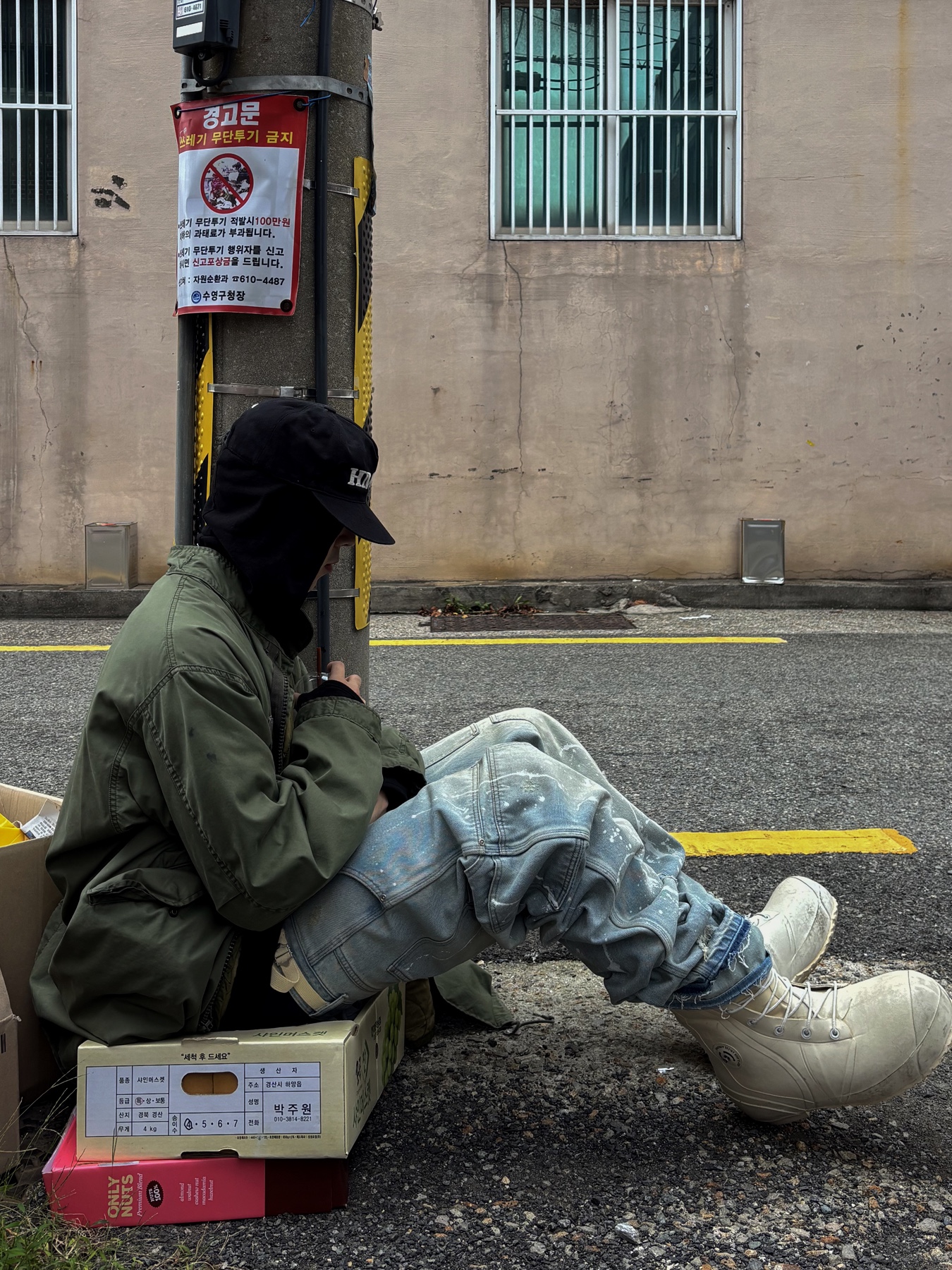 Hommless HMLS Vintage 5 Panel Hat Black, Wapworks Work Double Knee Carpenter Pants Oldmillblue 착용 스타일 - 3