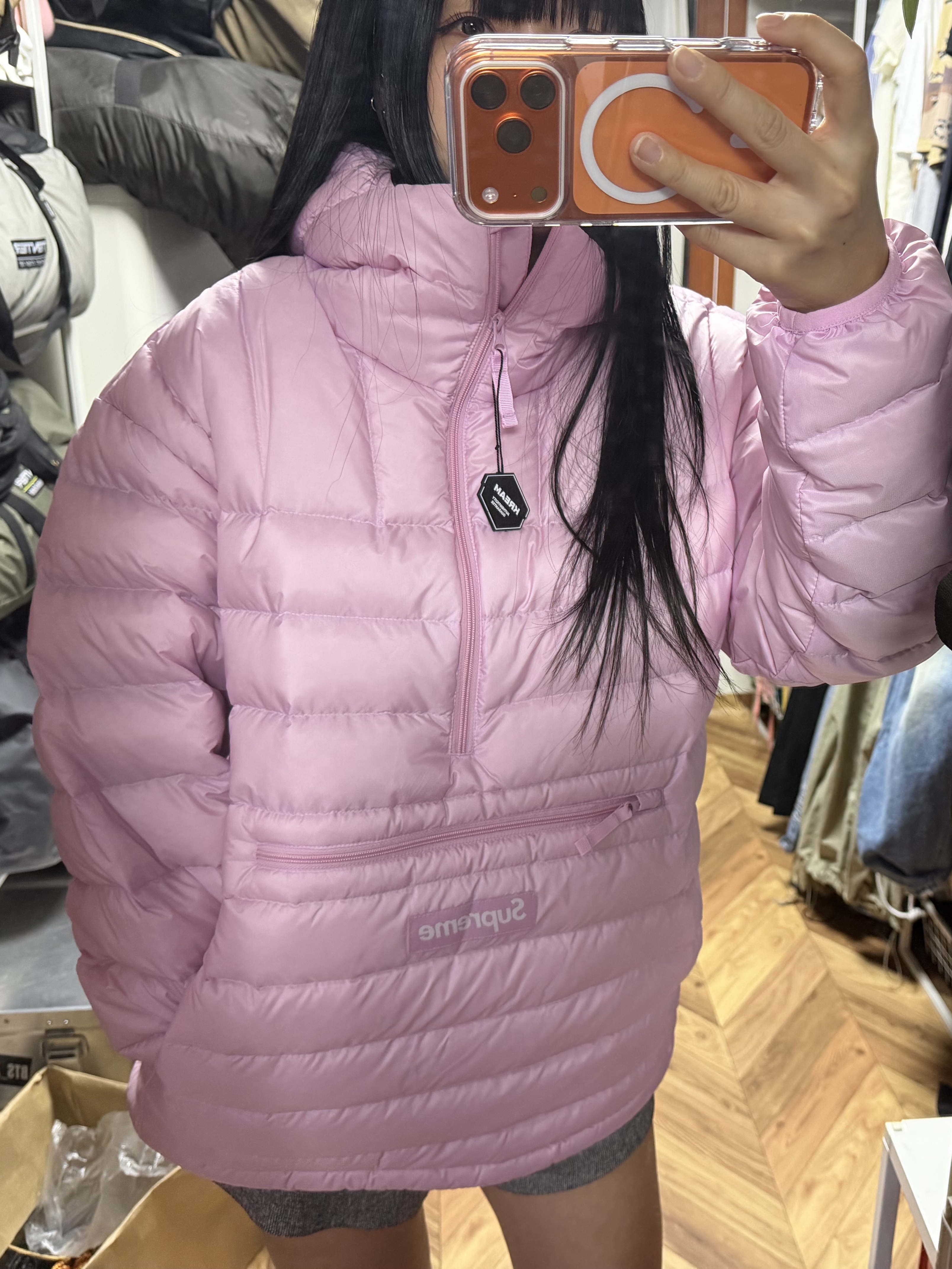 Supreme Micro Down Half Zip Hooded Pullover Light Pink - 25FW 착용 스타일 - 1