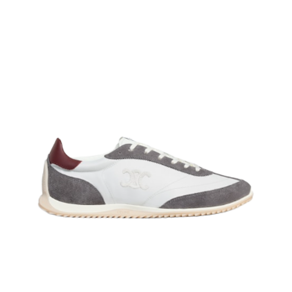 셀린느 트리옹프 나일론 스웨이드 카프스킨 레이서 로우 레이스업 스니커즈 그레이 버건디(Celine Racer Low Lace-Up Sneaker with Triomphe in Nylon Suede Calfskin Grey Burgundy)