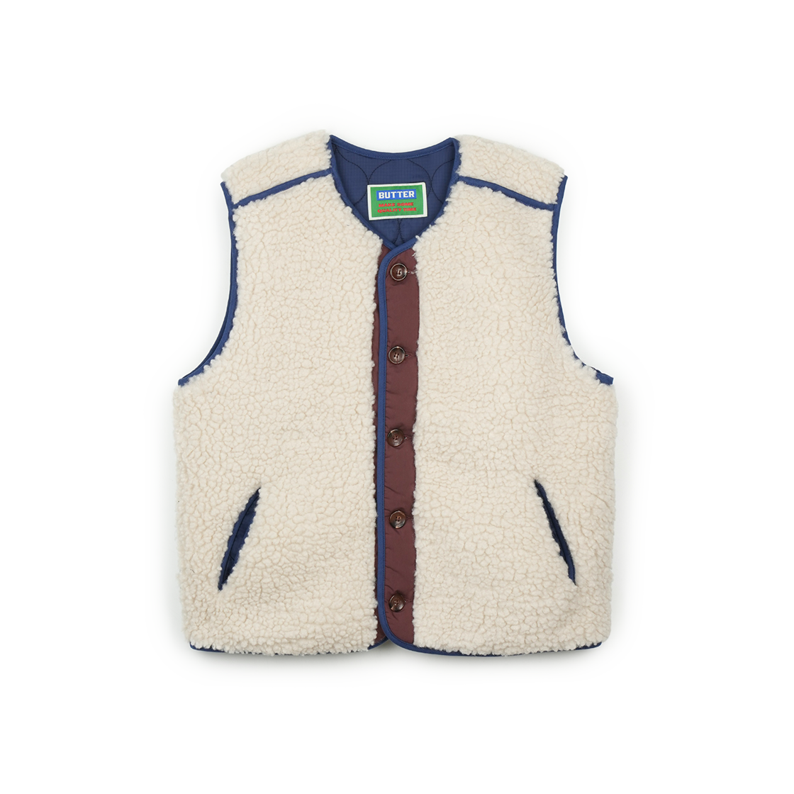 P0000BFZ Greenbutter Reversible Shearling Quilted Vest Navy