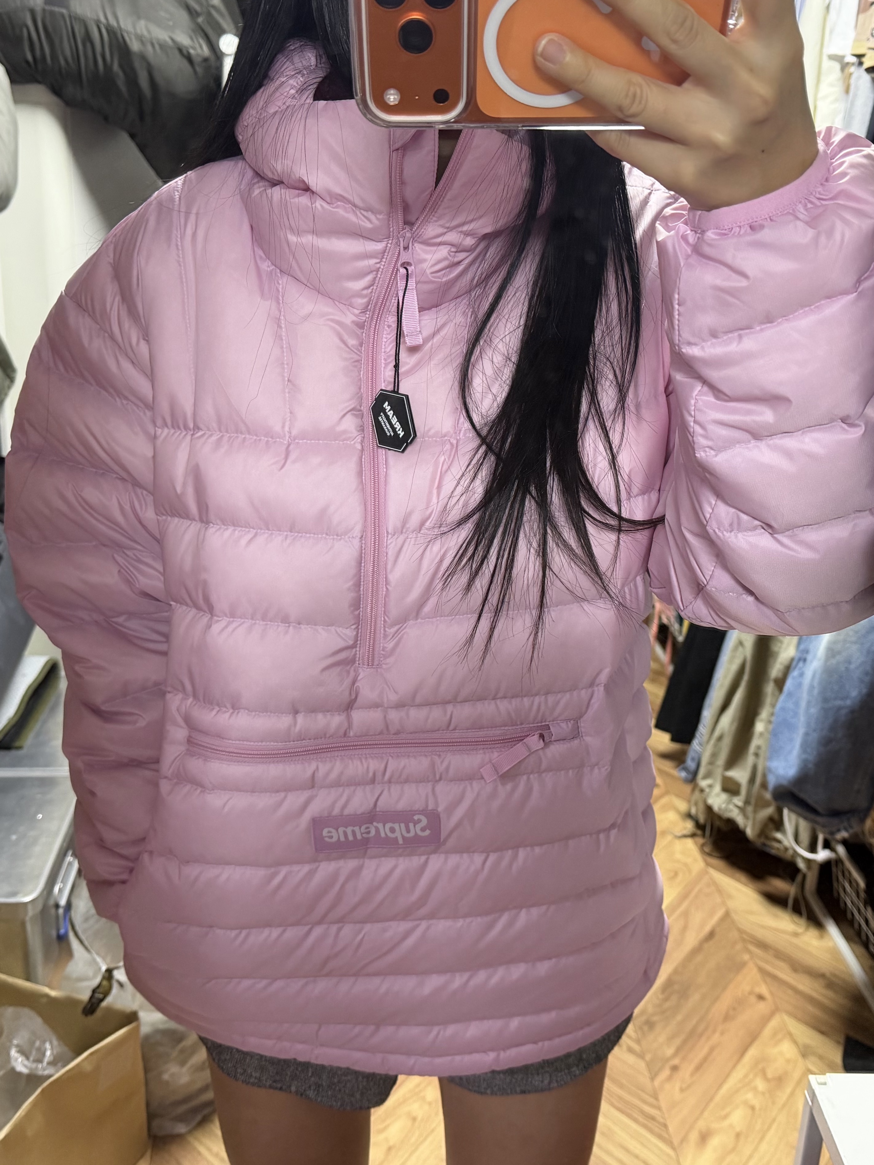 Supreme Micro Down Half Zip Hooded Pullover Light Pink - 25FW 착용 스타일 - 3