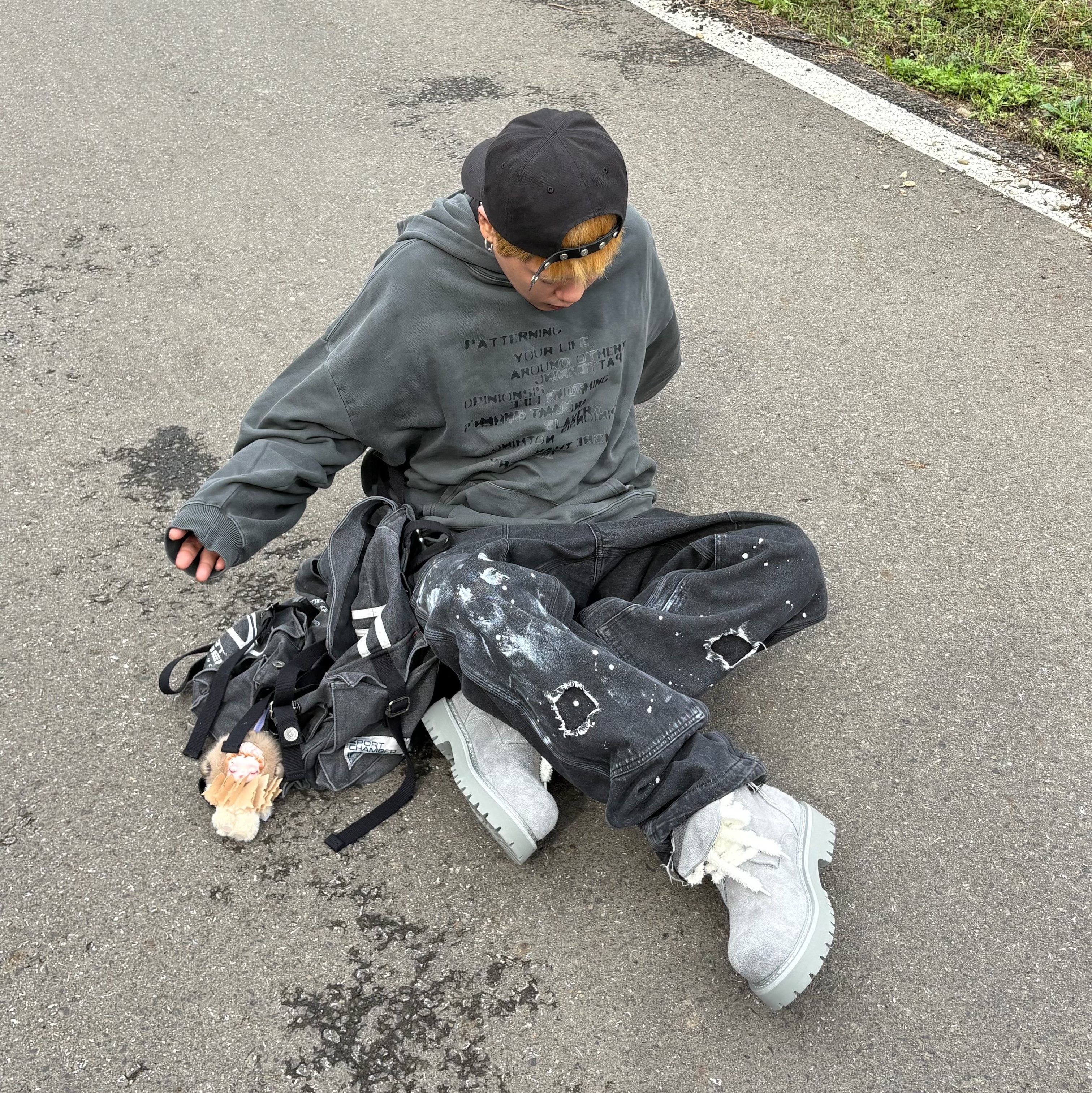 LOSTGARDEN x Grailz Route Slate Grey, Wapworks Work Double Knee Carpenter Pants 착용 스타일 - 1