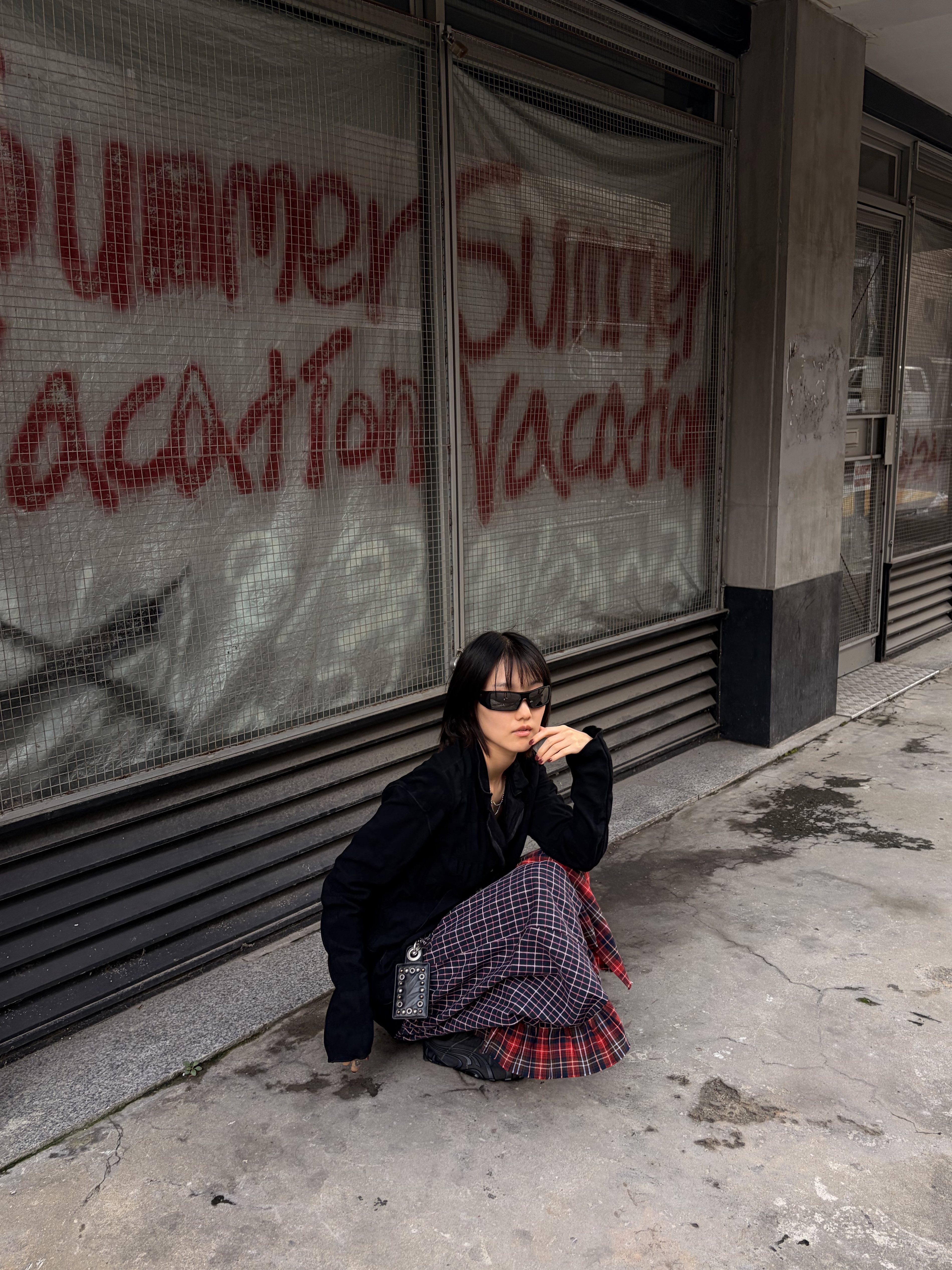 Vacant Archive Mira Mixed Wrap Skirt Black, Puma x No/Faith Studios Talon OG Flat Medium Grey 착용 스타일 - 4