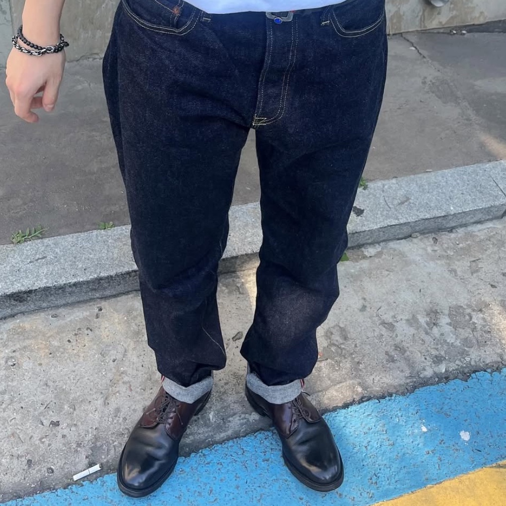 Kapital 14 oz. Denim 5P Monkey Cisco Indigo, Kapital Oiled Leather Studded Disco Buckle Belt Black 착용 스타일