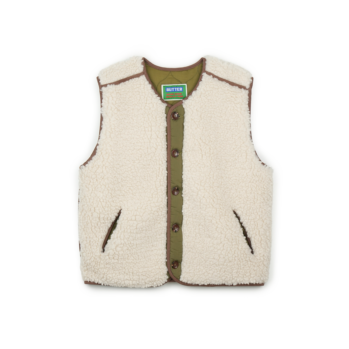 P0000BGA Greenbutter Reversible Shearling Quilted Vest Khaki