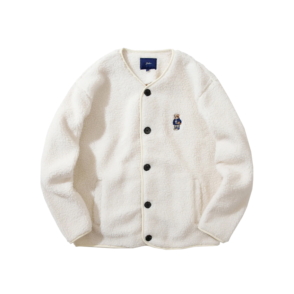 예일 엠브로이더리 댄 카라리스 보아 플리스 자켓_아이보리(Yale Embroidery Dan Collarless Boa Fleece Jacket Ivory)