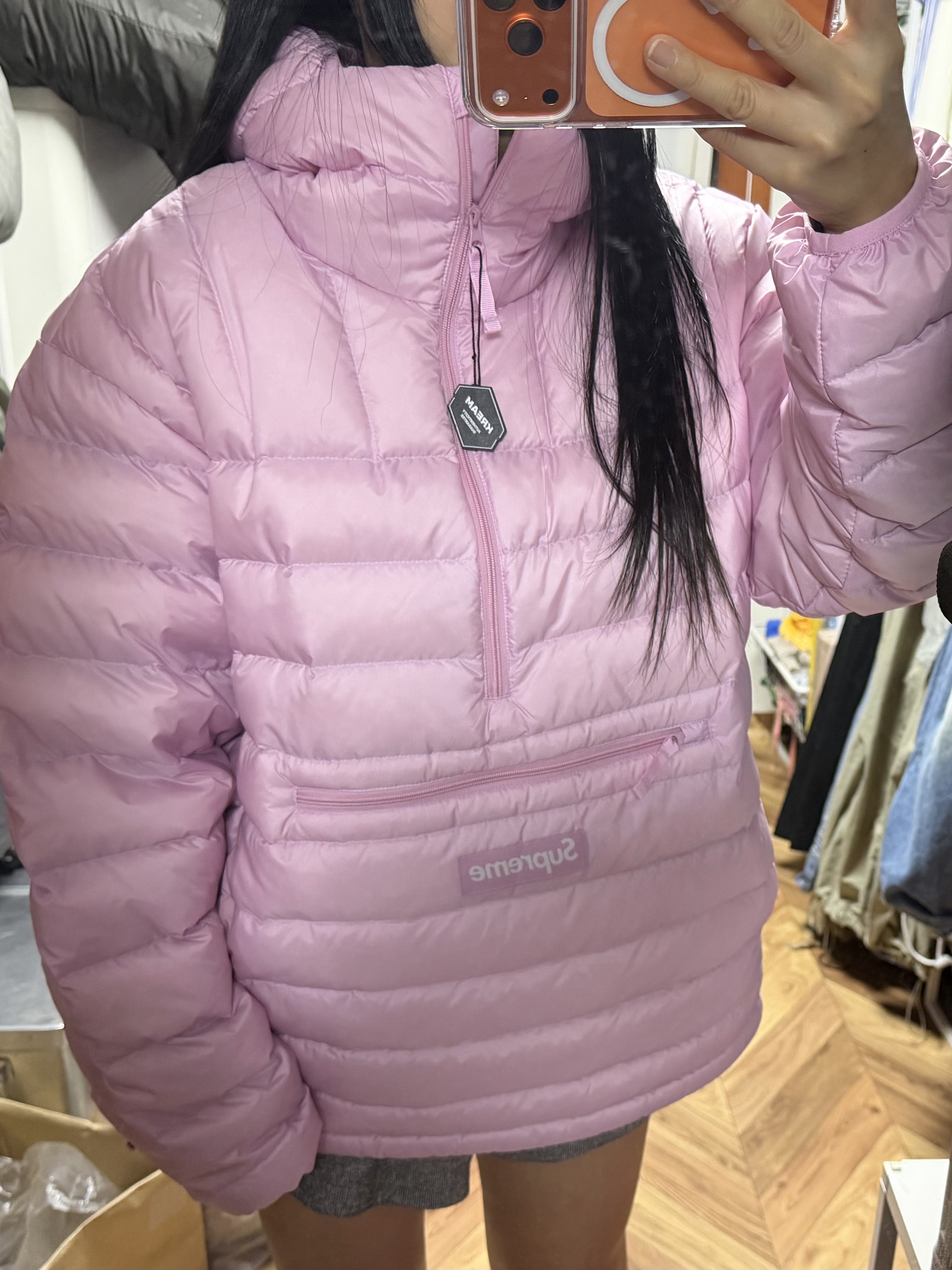 Supreme Micro Down Half Zip Hooded Pullover Light Pink - 25FW 착용 스타일 - 2