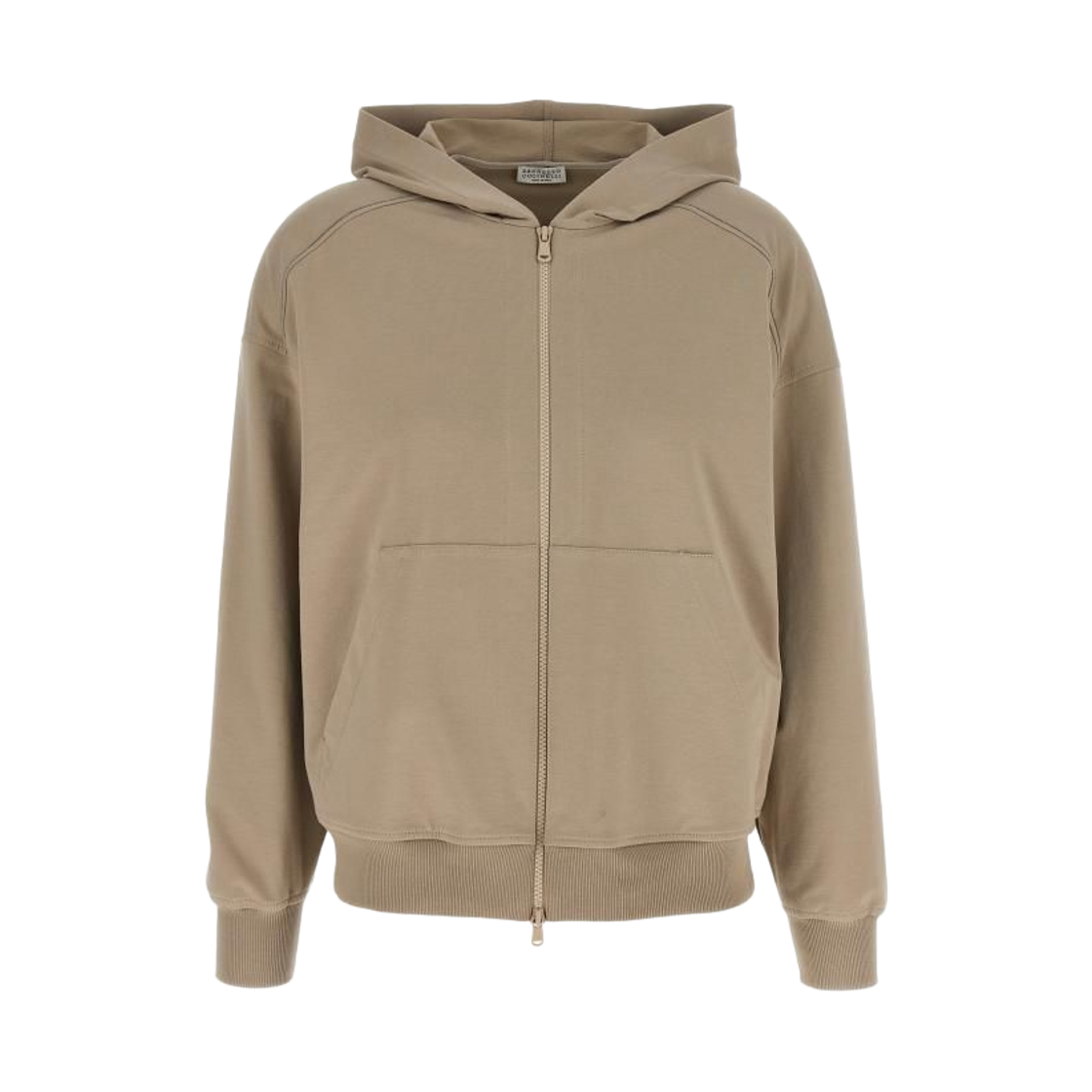 MH827FB706-C4274 (W) Brunello Cucinelli Stretch Cotton Lightweight French Terry Hooded Sweatshirt with Zipper and Shiny Trims Beige