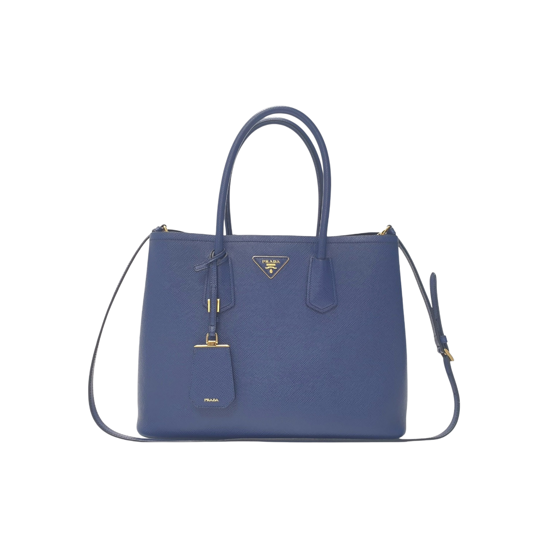 ITGWE6DAUMEK Prada Saffiano Blue Double Tote Bag with Gold Logo, Two Way Shoulder Strap