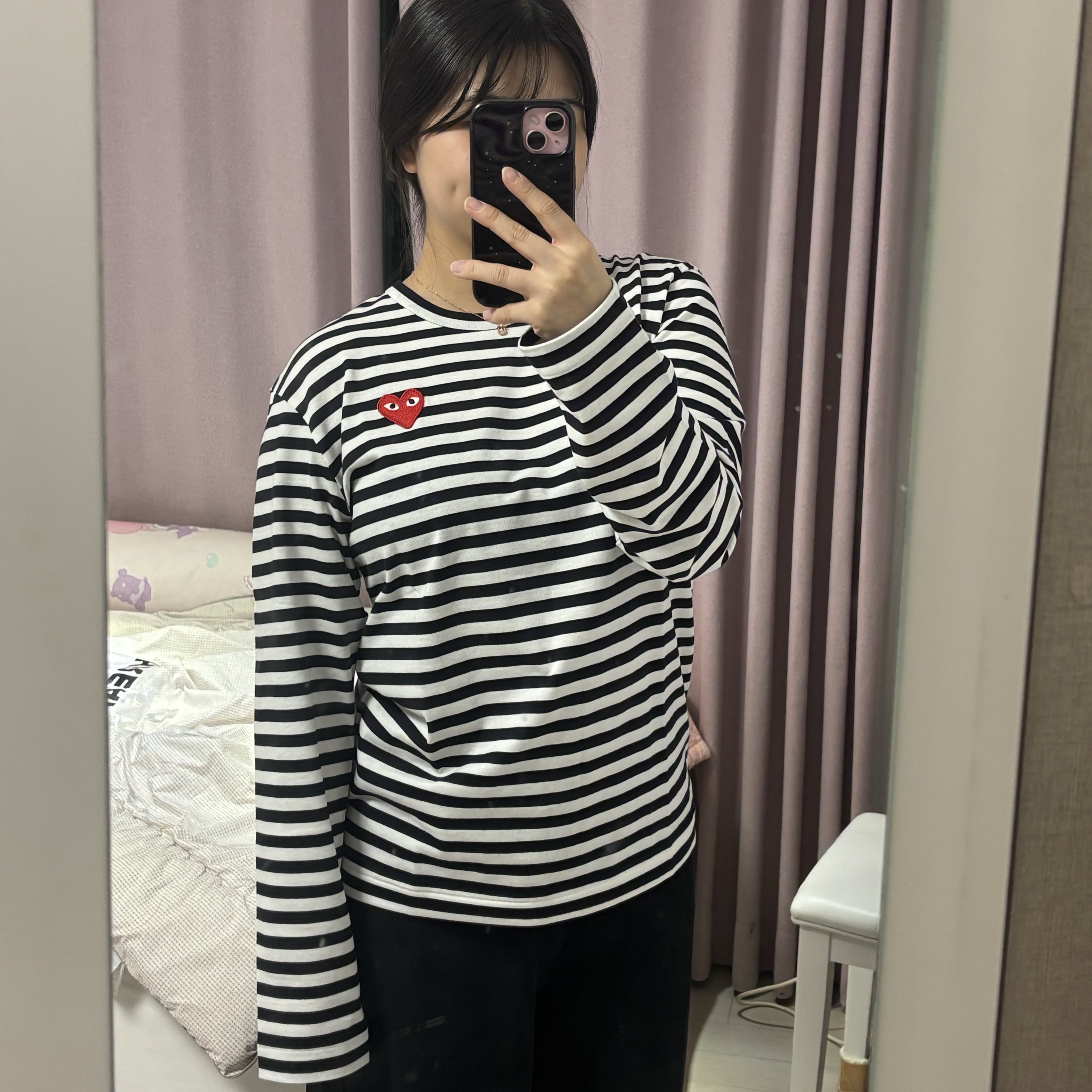 Play Comme des Garcons Striped LS T-Shirt Black White 착용 스타일