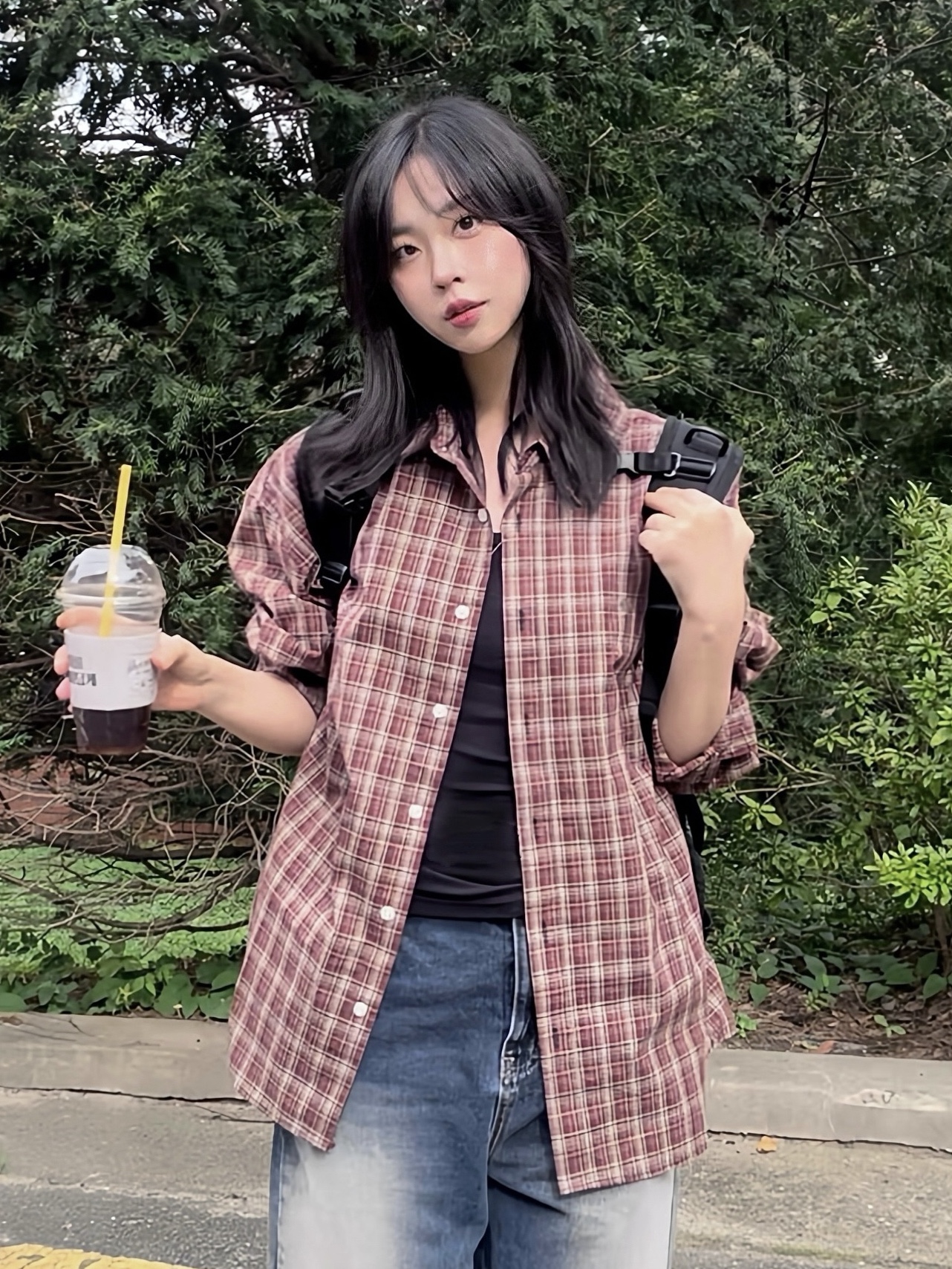 SLOW RECORD HOUSE Kane Check Shirt Brick 착용 스타일 - 1