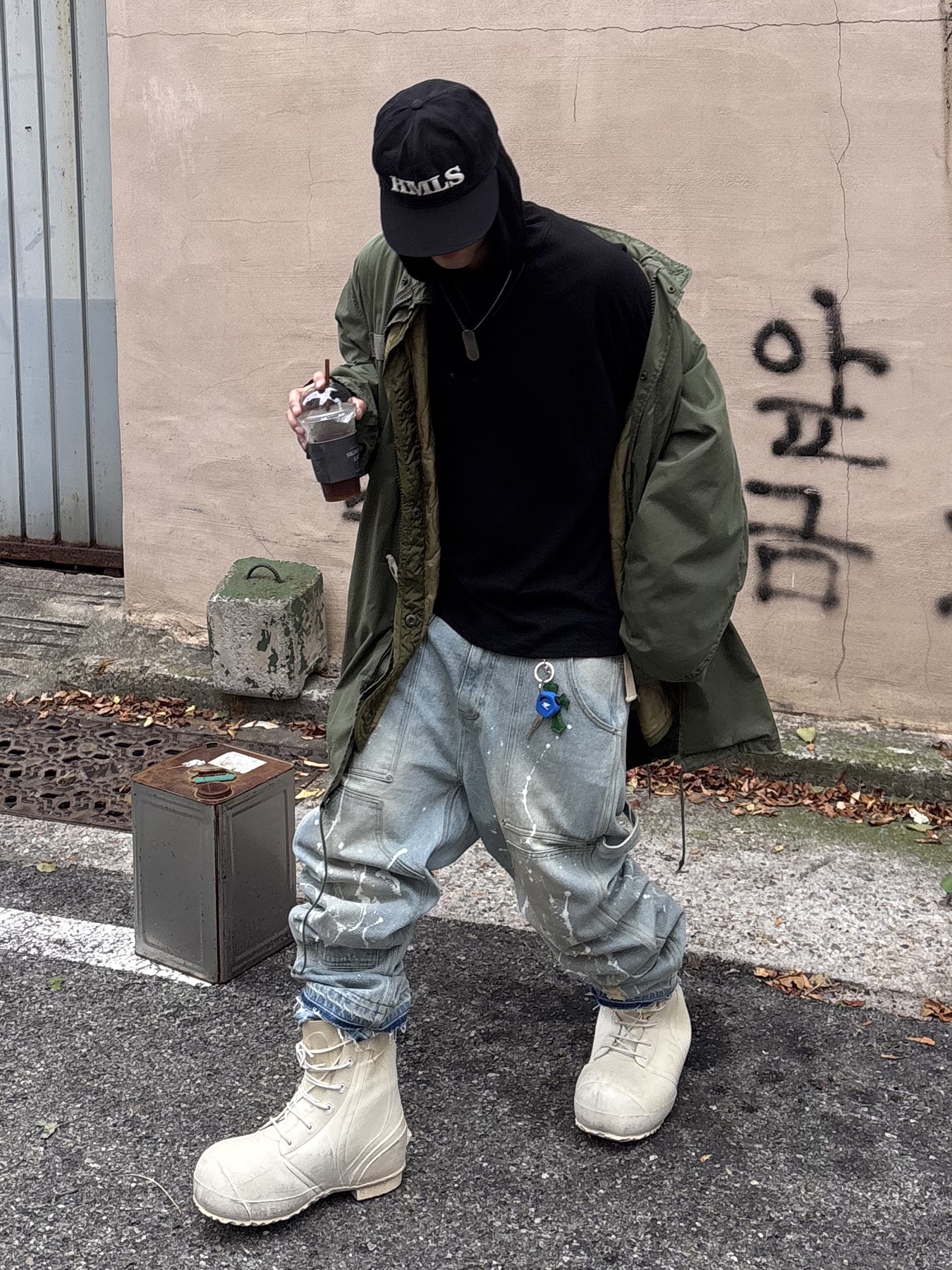 Hommless HMLS Vintage 5 Panel Hat Black, Wapworks Work Double Knee Carpenter Pants Oldmillblue 착용 스타일 - 1