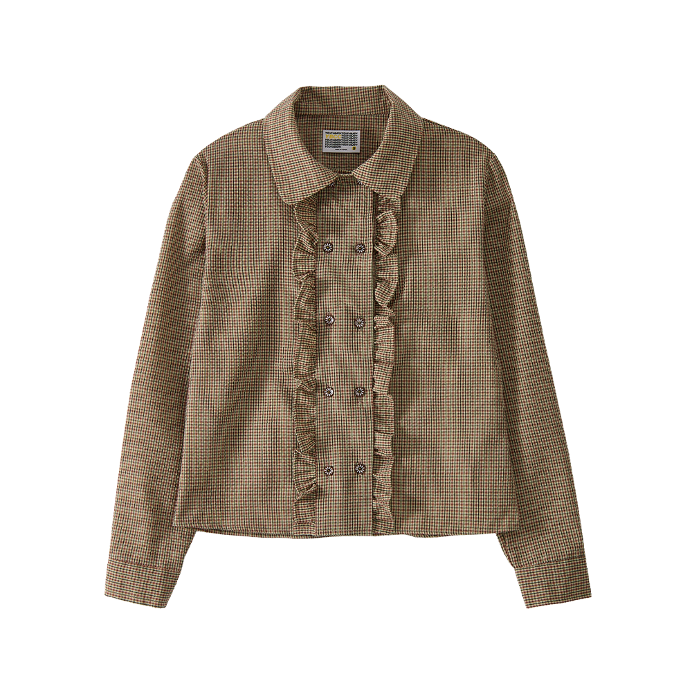 유쓰배쓰 더블 버튼 프릴 체크 셔츠_브라운(YOUTHBATH Double Button Frill Check Shirt_Brown)