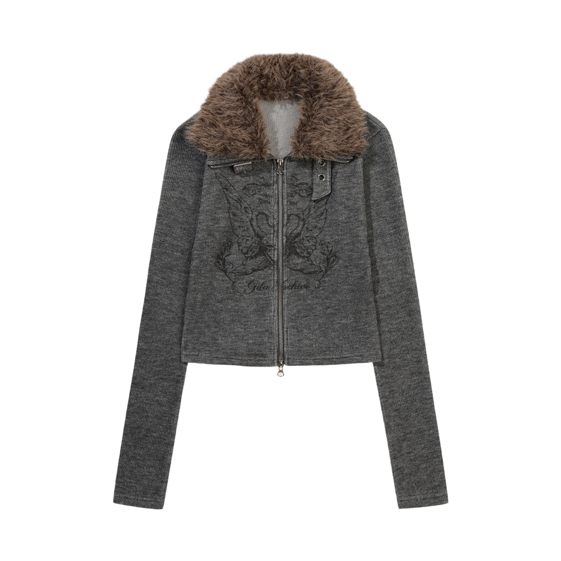 GL25WIJK02GY Gila Archive Fur Collar Graphic Knit Zip-Up Grey