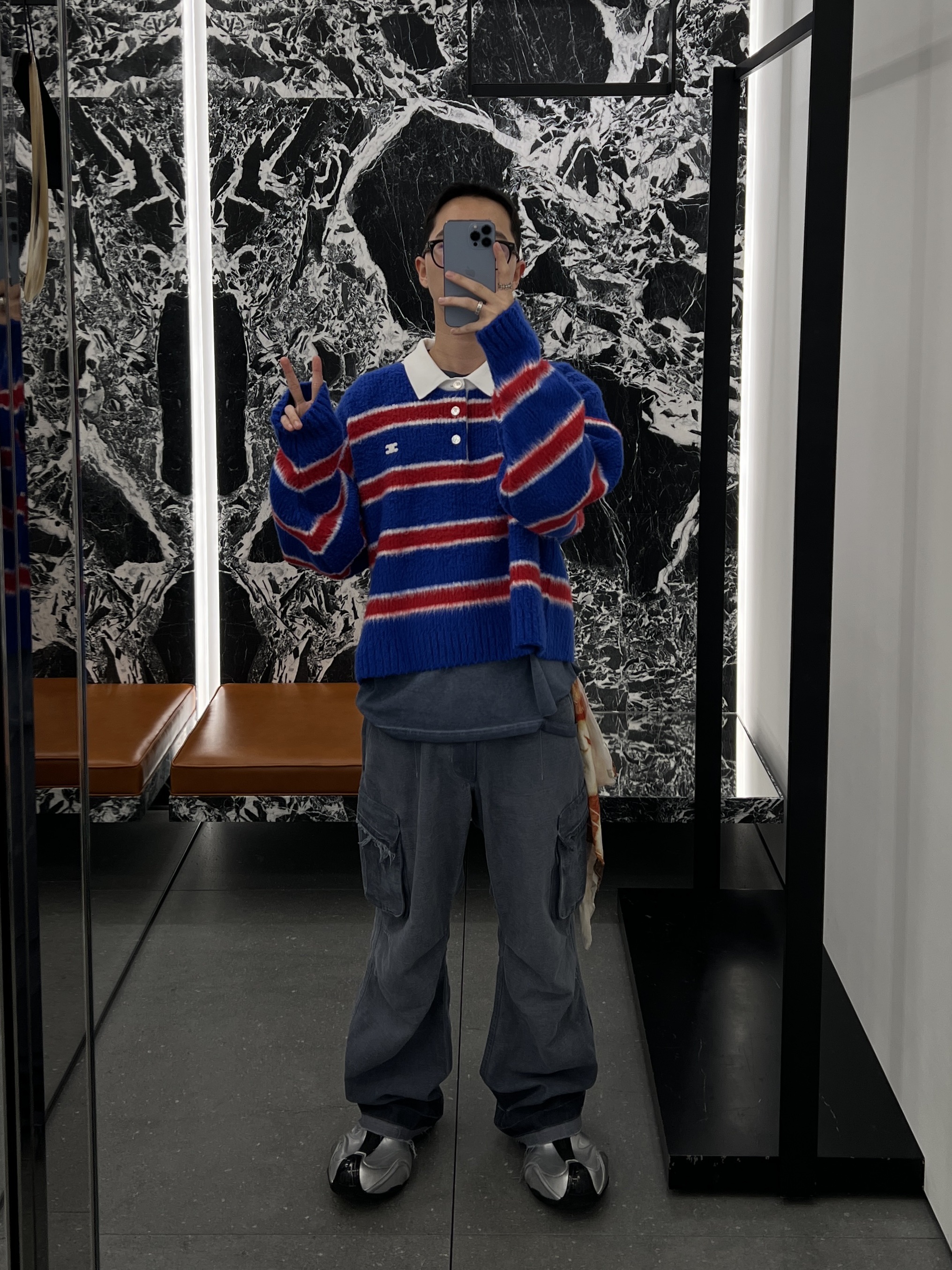 Celine Polo Sweater in Brushed Striped Cotton Blue Red, Balenciaga Basketball Sneakers Silver Black 착용 스타일