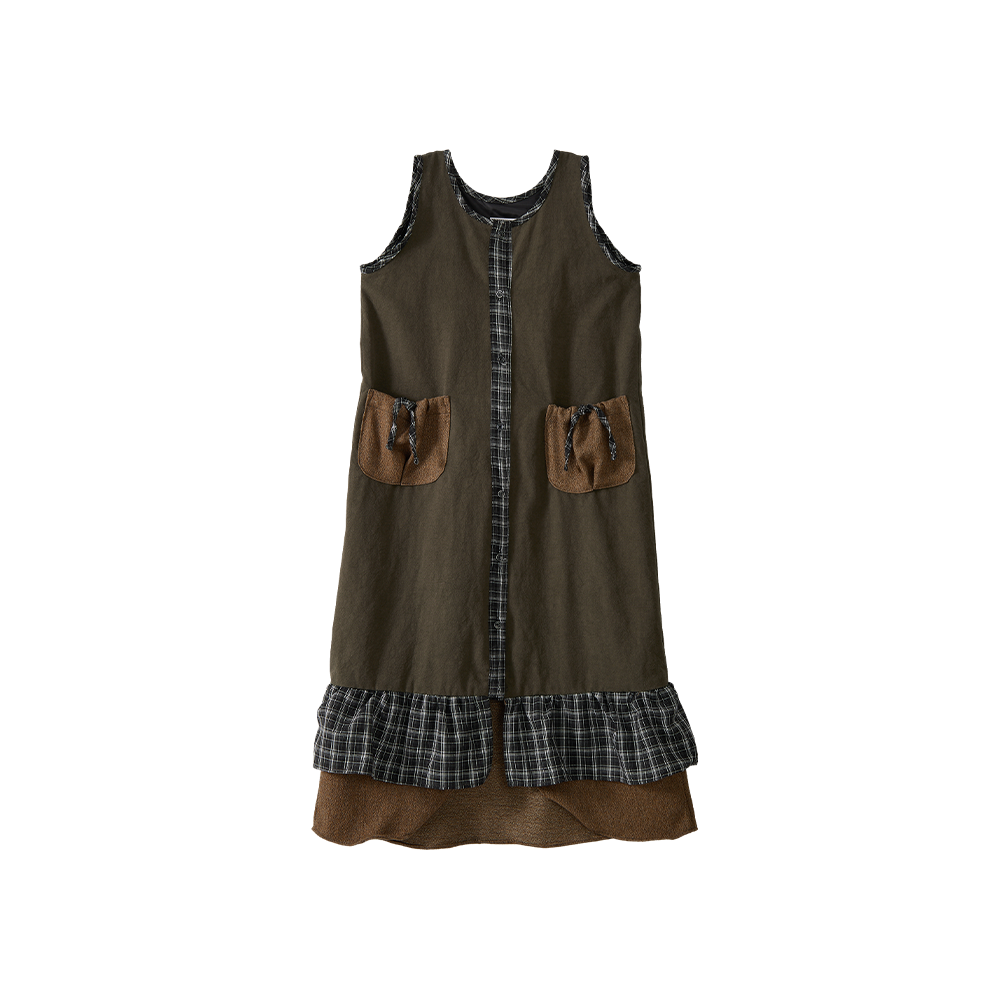 25FWOP001-1 YOUTHBATH Sleeveless Pocket Frill Dress_Khaki