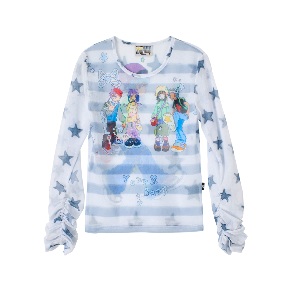 유쓰배쓰 X 올리와 메쉬 그래픽 스트라이프 탑(YOUTHBATH YB X Oliwa Mesh Graphic Stripe Top)