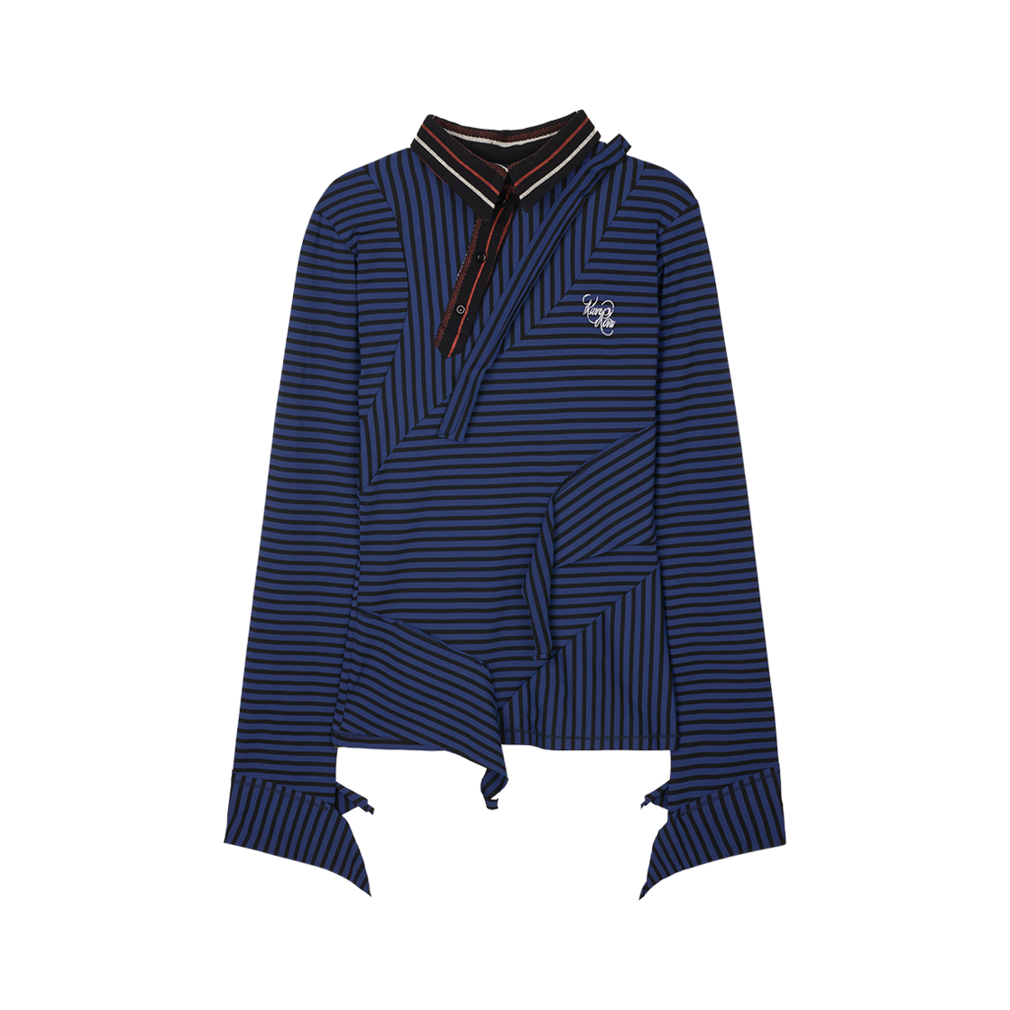 KW5DTSLRW02BL Rave Review Women Josephine Tight Fitted Assymetric Polo shirt With Embroidery Blue Black Stripe - 25FW