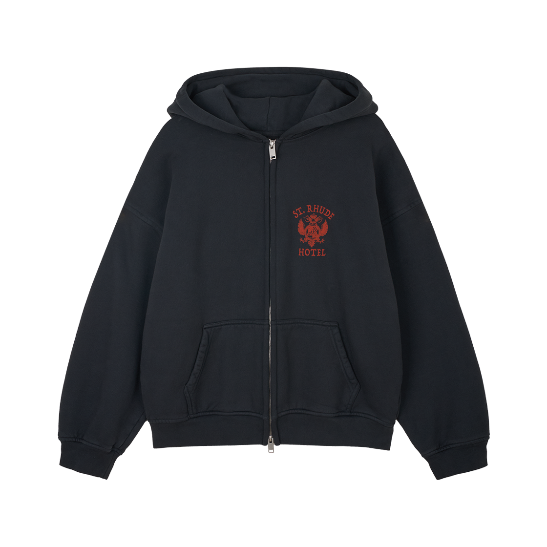 루드 세인트 루드 실 집업 후디 빈티지 블랙 레드 - 25FW(Rhude St. Rhude Seal Zip-Up Hoodie Vintage Black Red- 25FW)