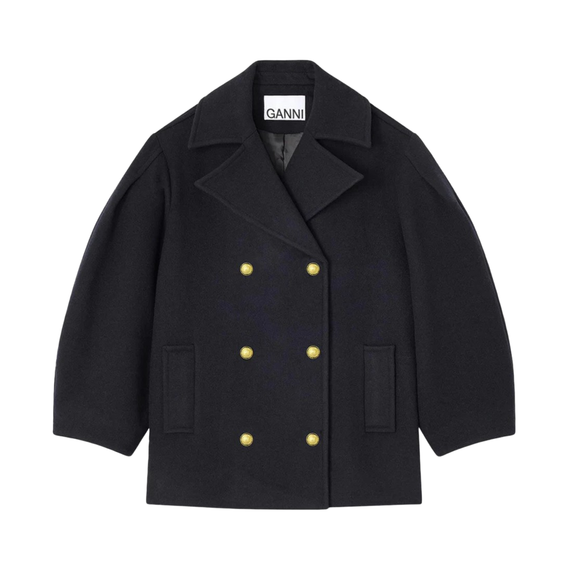 (W) 가니 피코트 울 미디 코트 스카이 캡틴((W) Ganni Peacoat Wool Midi Coat Sky Captain)