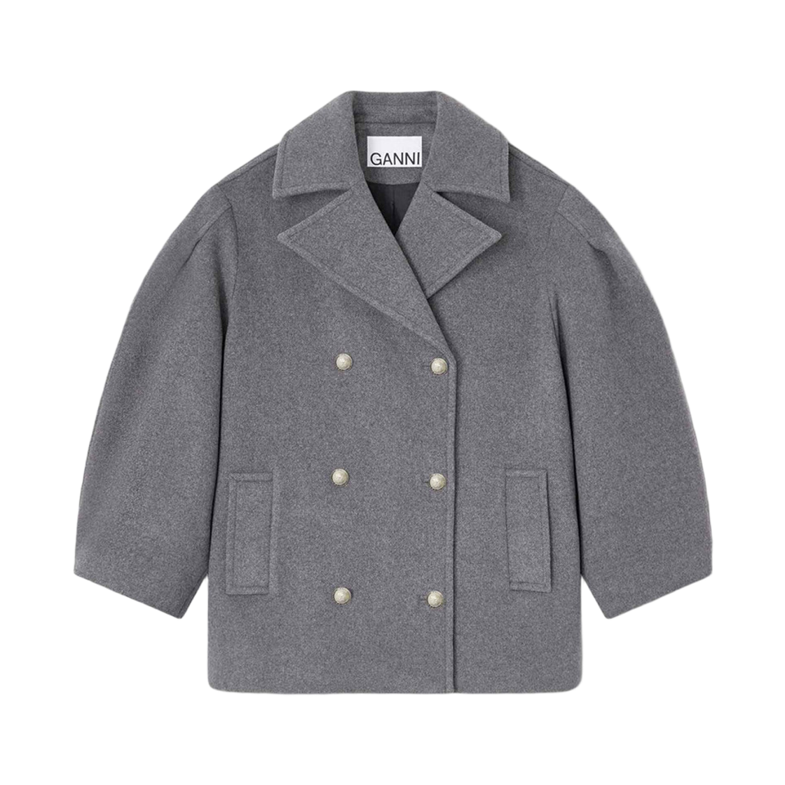 (W) 가니 피코트 울 미디 코트 퓨터((W) Ganni Peacoat Wool Midi Coat Pewter)