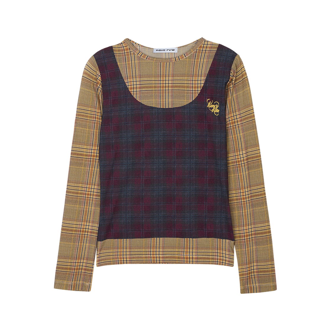 KW5DTSLRW03ML Rave Review Women Loura Tight Fitted Long Sleeve With Tank insert Embroidery Yelloew Red Check - 25FW