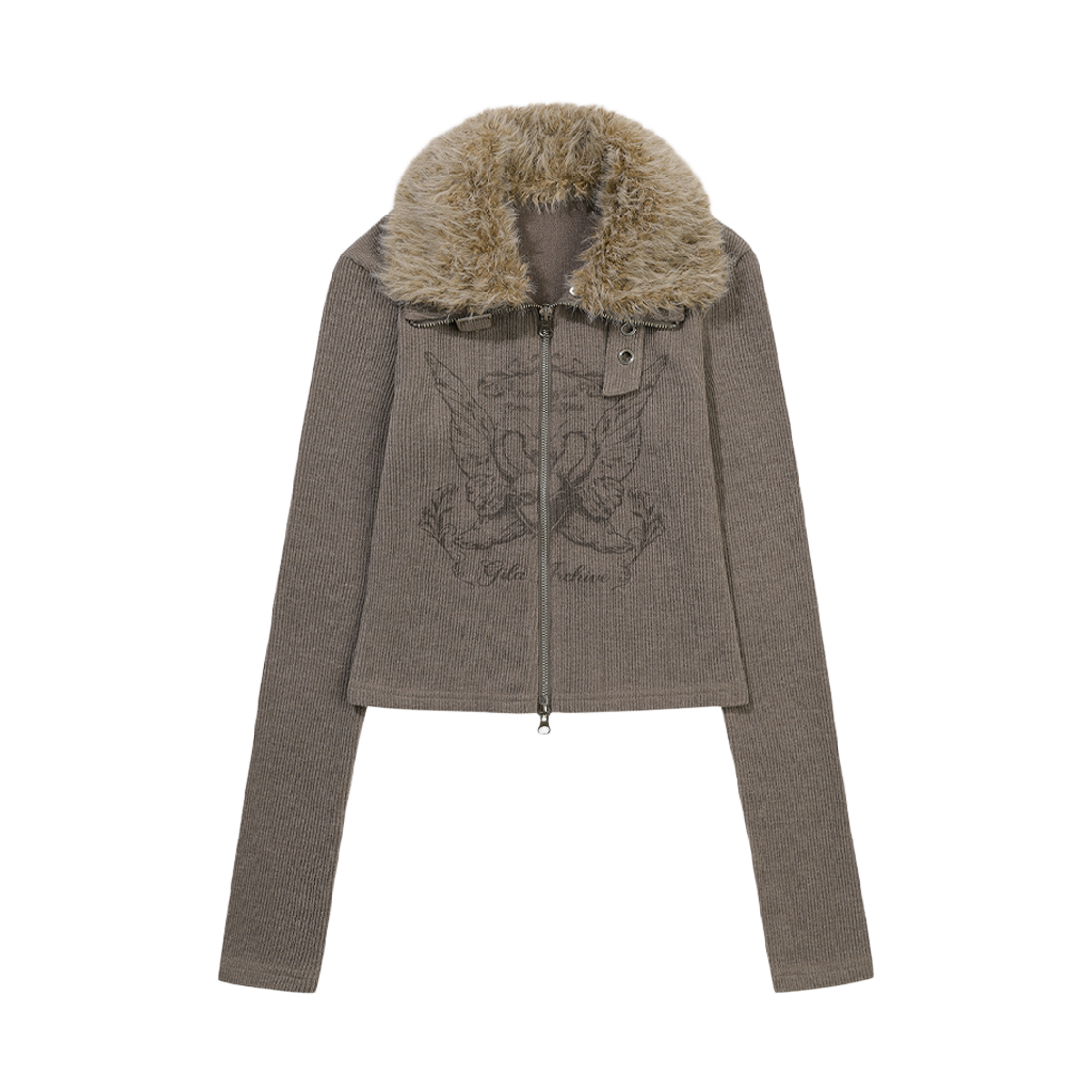 GL25WIJK02BR Gila Archive Fur Collar Graphic Knit Zip-Up Brown