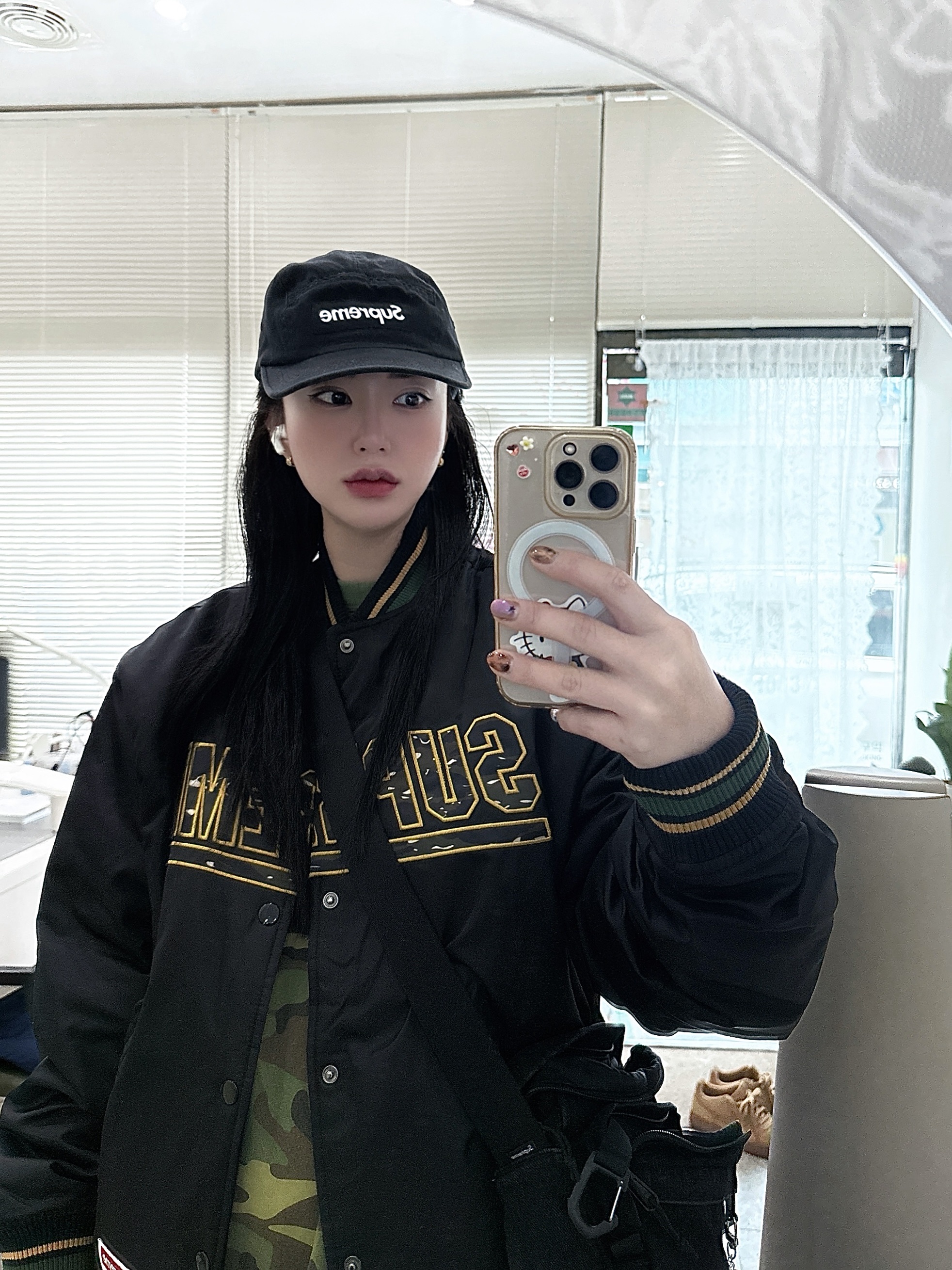 Stussy x Our Legacy Work Shop Surfman Pigment Dyed T-Shirt Camo, Supreme Mitchell & Ness Camo Logo Varsity Jacket Black - 25SS 착용 스타일