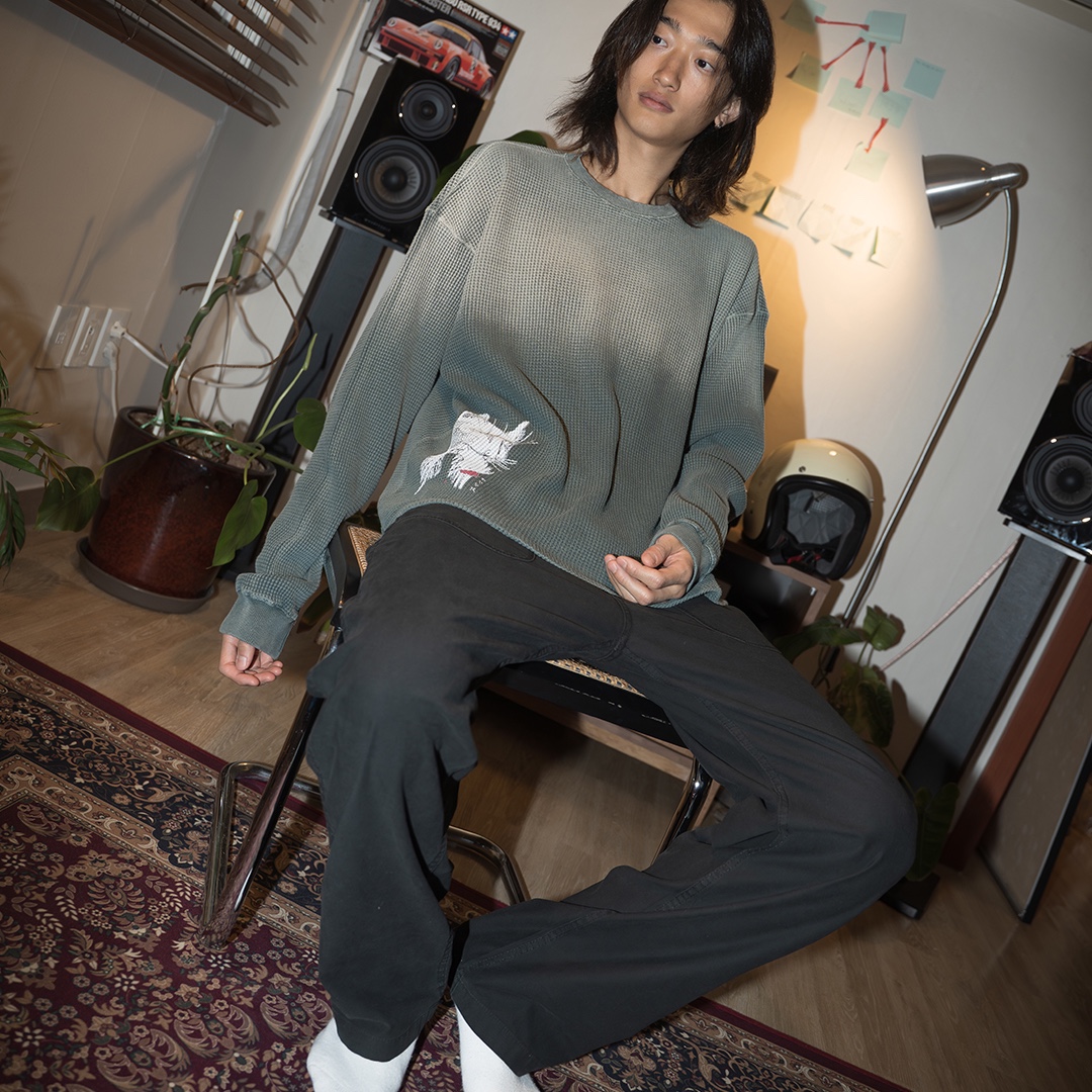 POSR Overdyed Predator Waffle Tee Faded Green, POSR Washed Fatigue Pants Black 착용 스타일