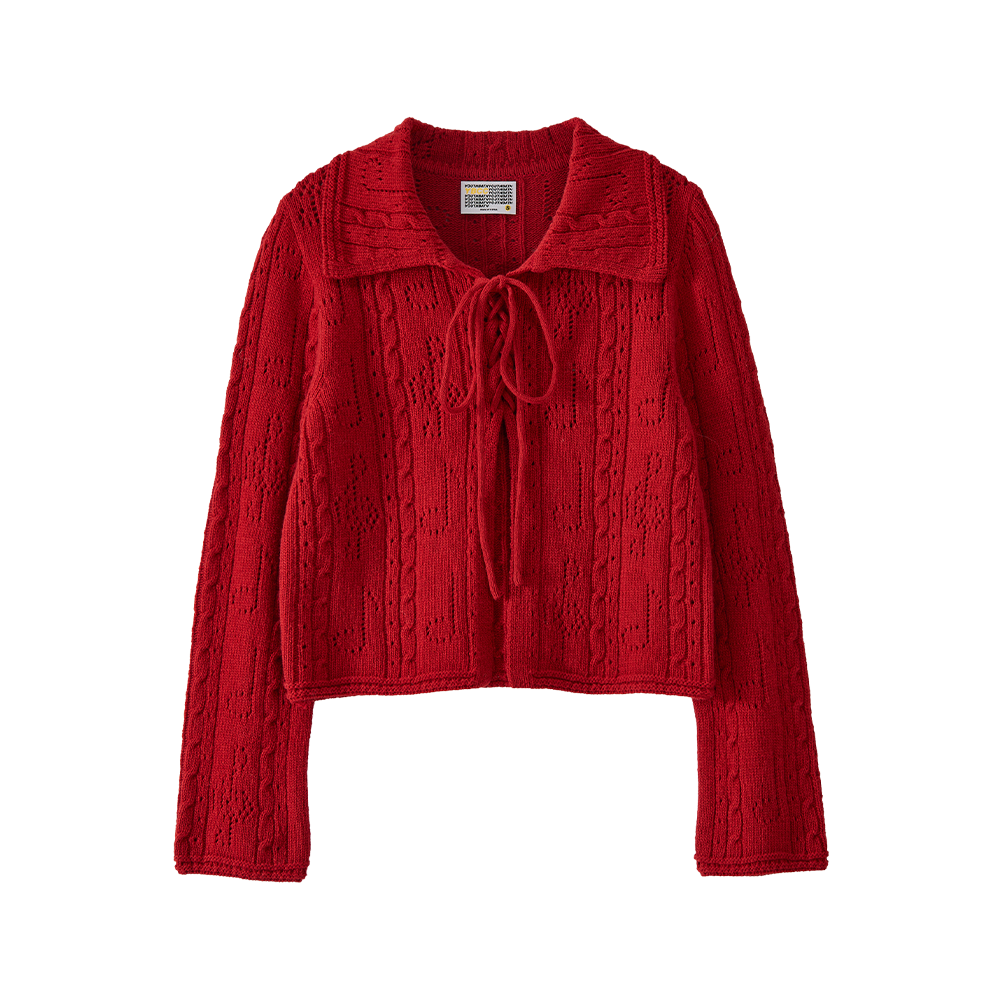 25FWKN001-1 YOUTHBATH Lace-Up Shawl Collar Cardigan_Red