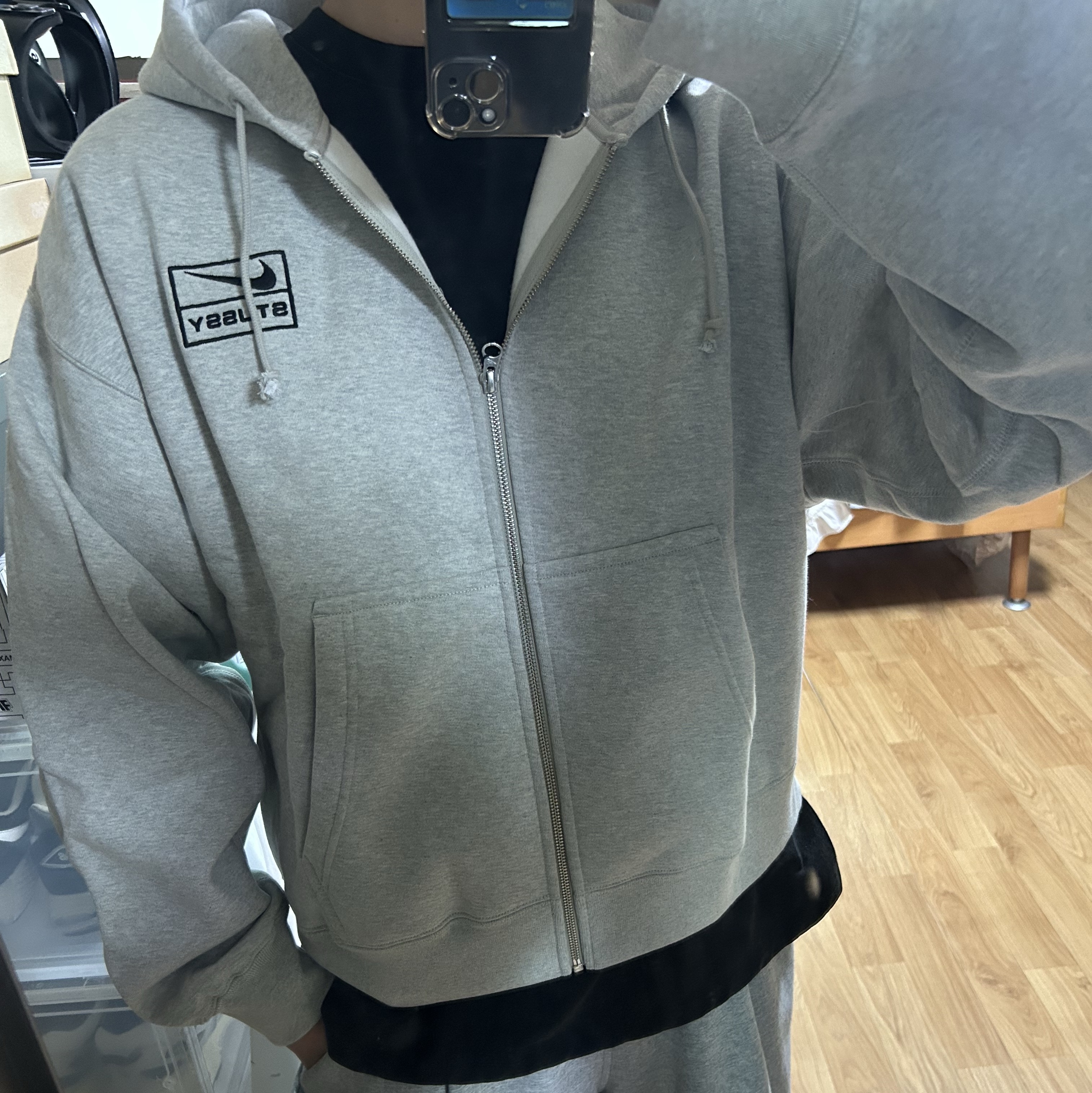 Nike x Stussy Full Zip Fleece Hoodie Grey Heather (FJ9181-050) 착용 스타일 - 2