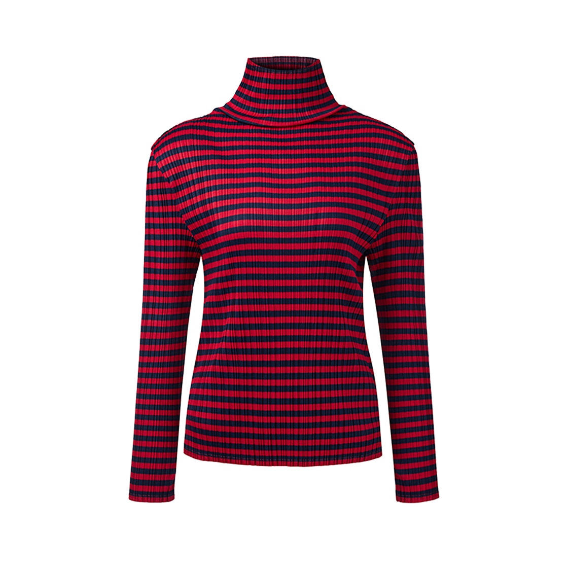 몽플리쎄 여성 저지 스트라이프 하이넥 플리츠 티셔츠 레드(Monplisse Women Jersey Striped High Neck Pleats T-shirts Red)