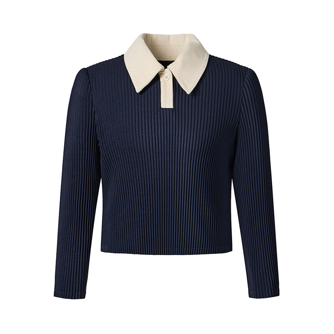 몽플리쎄 여성 코듀로이 카라배색 플리츠 크롭 티셔츠 네이비(Monplisse Women Coduroy Collar Pleats Crop T-shirts Navy)