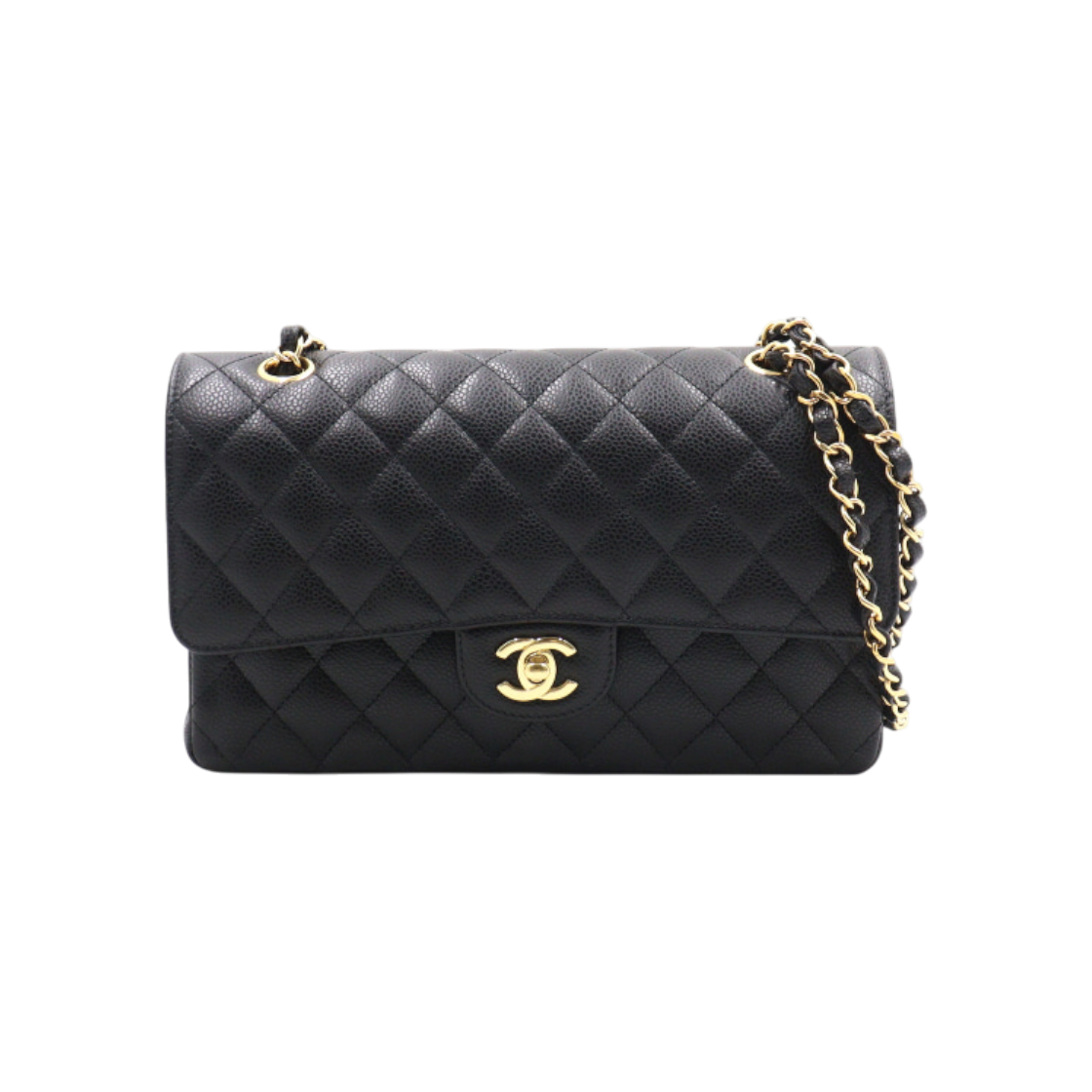 샤넬 A01112 블랙 캐비어 클래식 미듐 금장체인 숄더백 aa50102