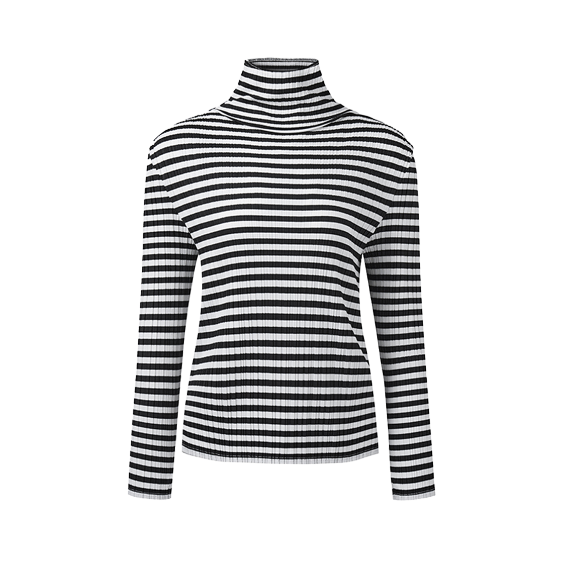 몽플리쎄 여성 저지 스트라이프 하이넥 플리츠 티셔츠 블랙(Monplisse Women Jersey Striped High Neck Pleats T-shirts Black)