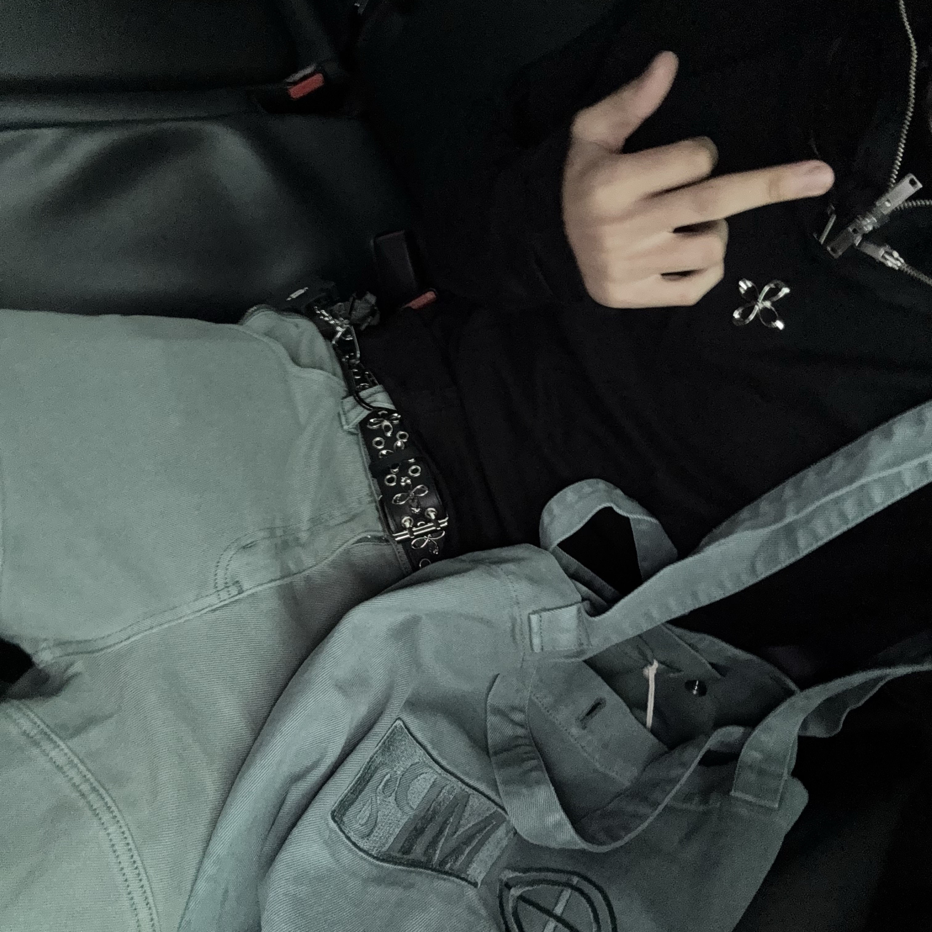Plasticproduct MPa Calf Pocket Pants Emerald, Plasticproduct MPa Big Bag Emerald 착용 스타일 - 1