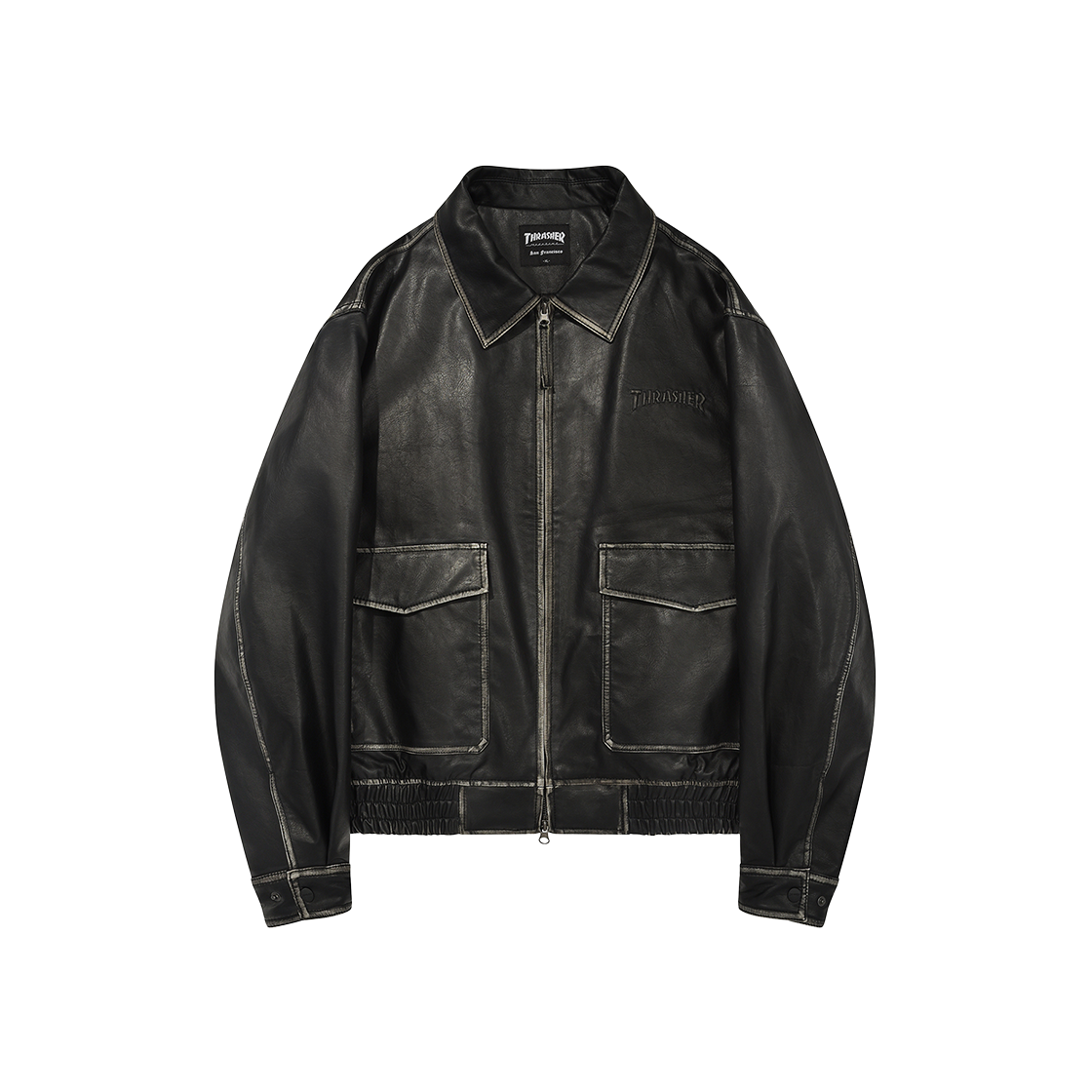 트레셔 매거진 로고 에이징 레더 점퍼 블랙(THRASHER Magazine Aging Leather Jumper Black)