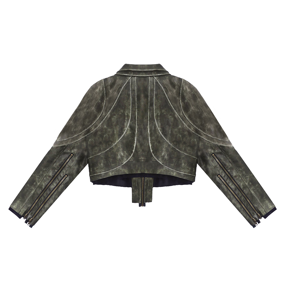 에러앤와이씨 크롭 폴라 코드 레더 자켓 밀리터리그린(ERROR NYC Cropped Leather Polar Code Jacket Military Green) - 2