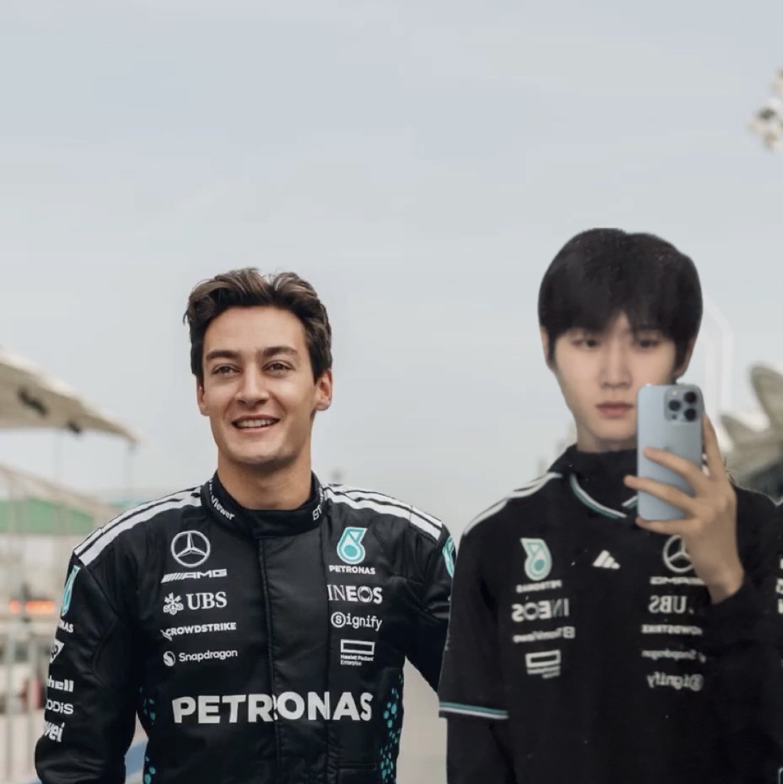 Mercedes AMG Petronas x Adidas Formula One 2025 Team Authentic Driver Jersey Black White - US Sizing 착용 스타일