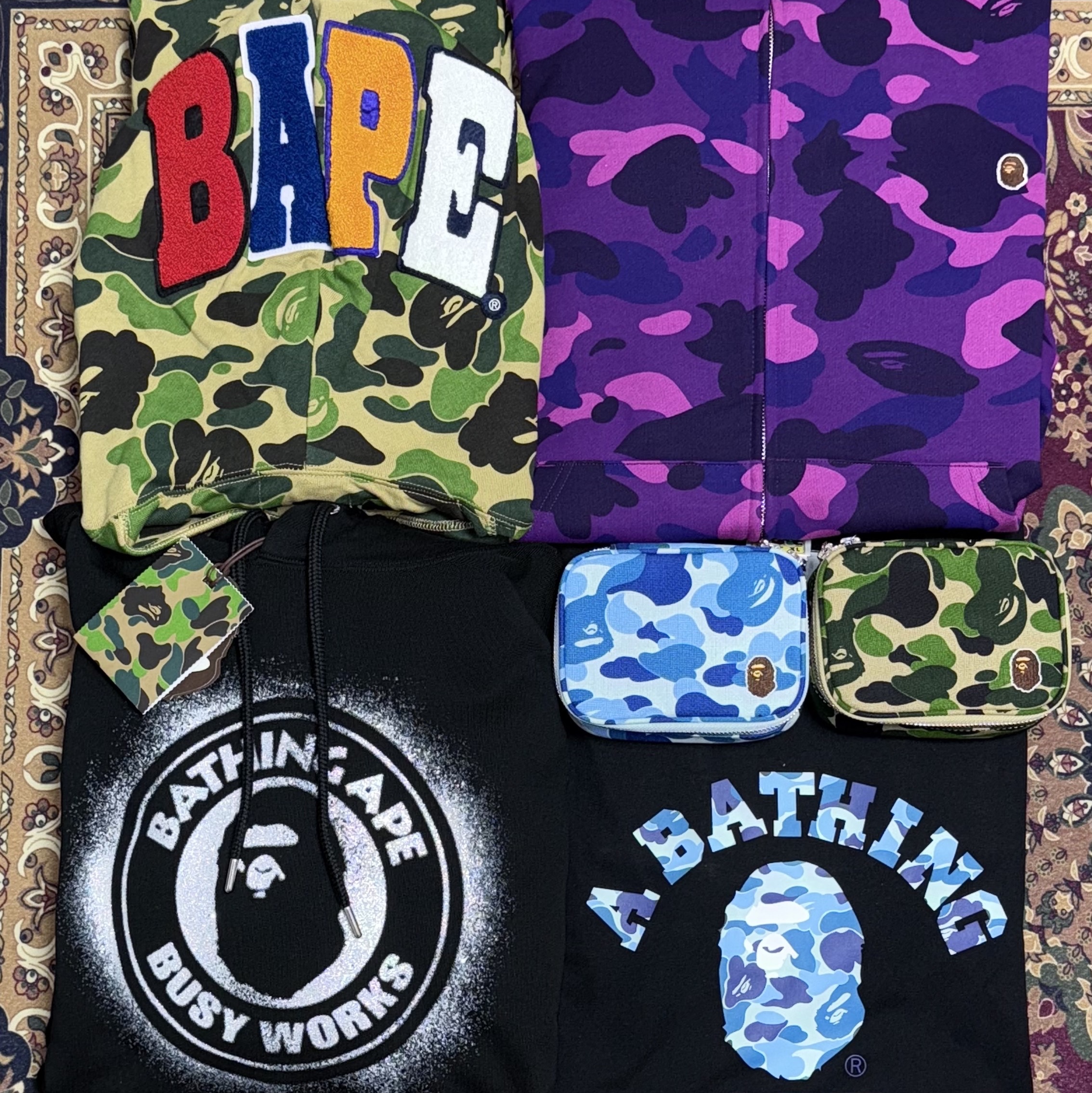 BAPE One Point Color Camo Cropped Full Zip Hoodie Purple, BAPE ABC Camo 2nd Ape Full Zip Hoodie Green 착용 스타일