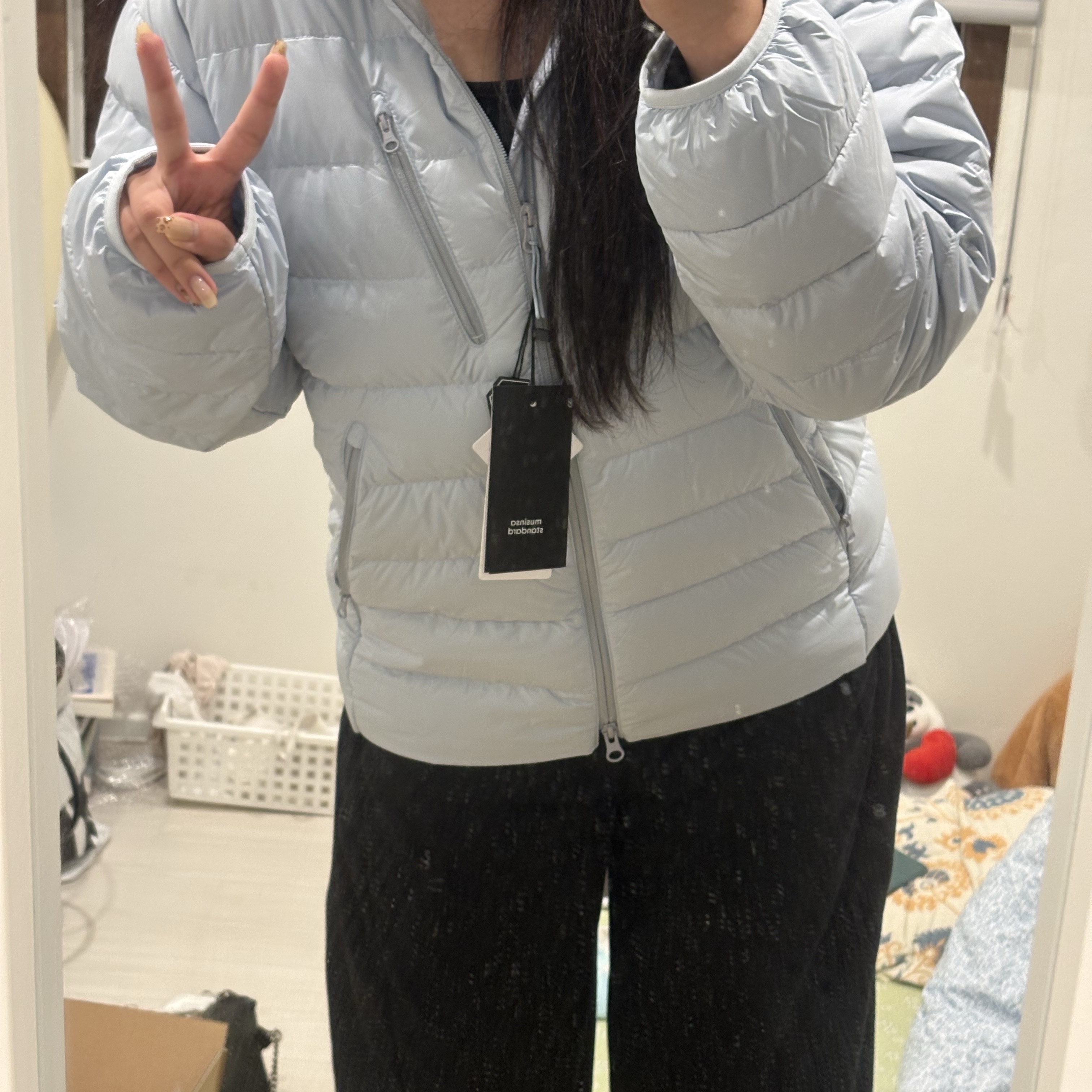 Musinsa Standard City Leisure Hooded Light Down Jacket Cloudy Blue 착용 스타일 - 1