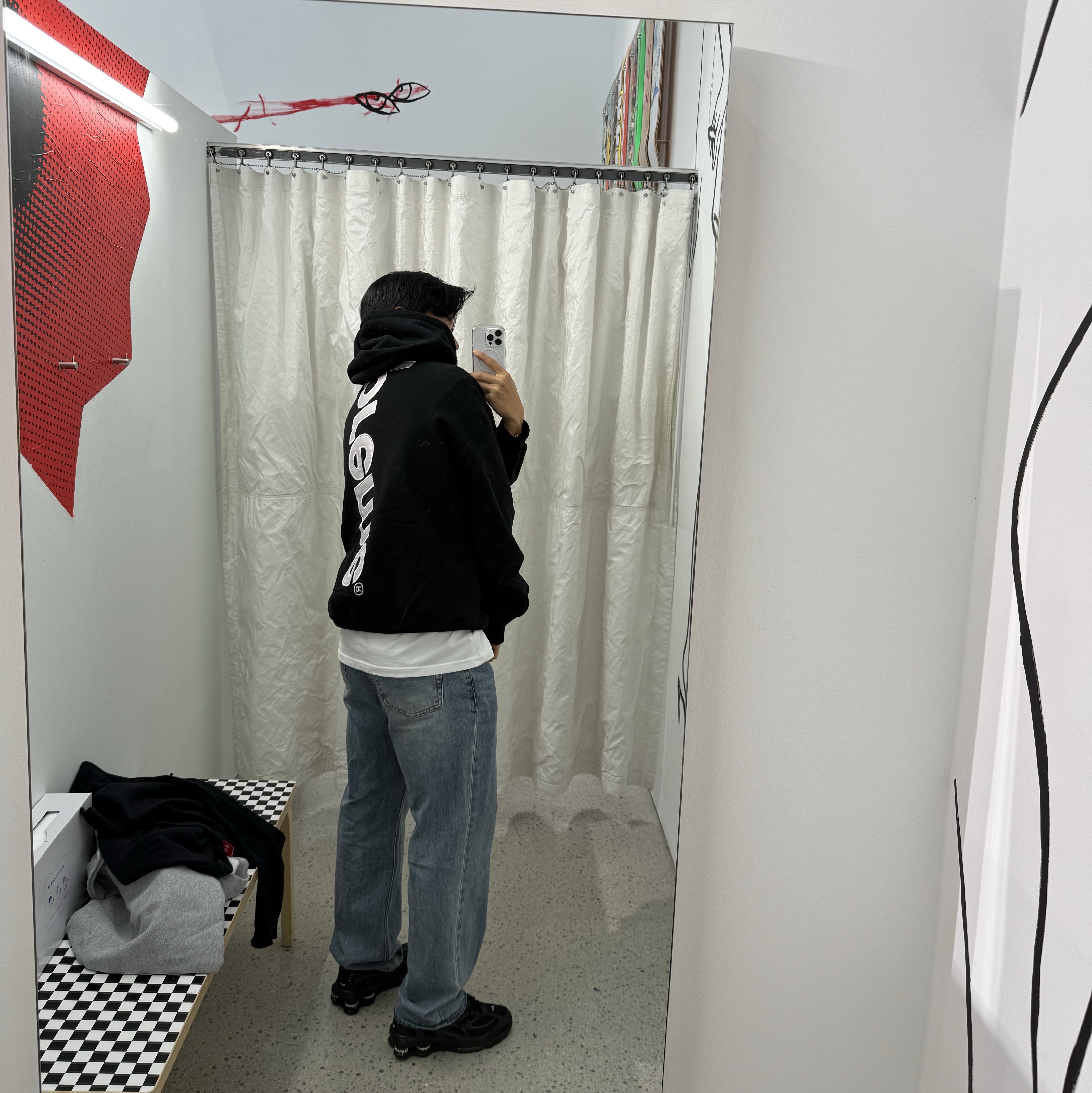 Supreme Satin Applique Hooded Sweatshirt Black - 25FW, Nike x Supreme Shox Ride 2 SP Black 착용 스타일