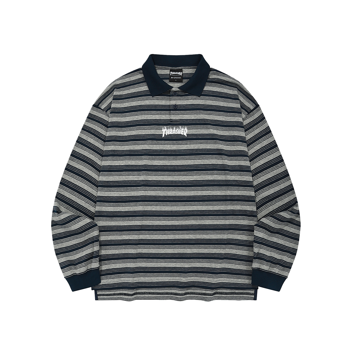 트레셔 카라 스트라이프 롱 슬리브 네이비(THRASHER Flame Collar Stripe Long Sleeve Navy)