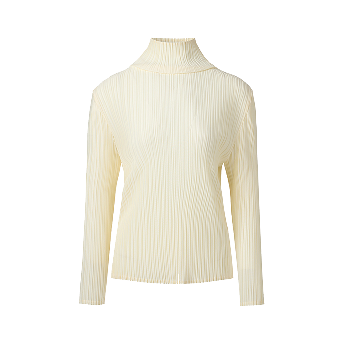 WTS1YIV Monplisse Women High Neck Long Sleeve Pleats T-shirts Ivory