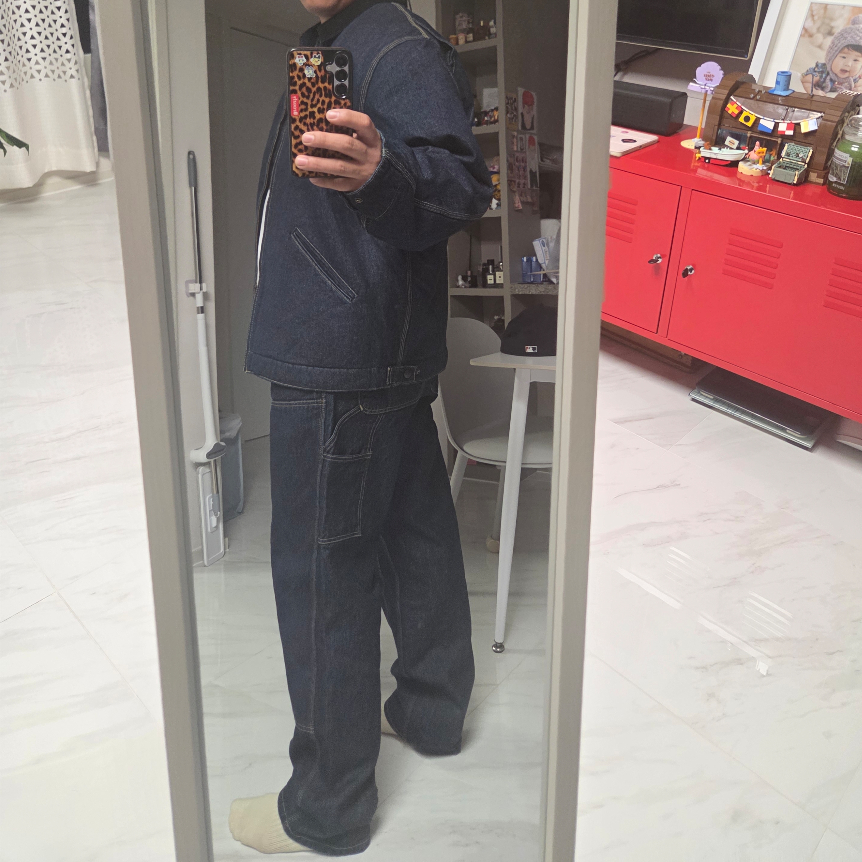 Carhartt WIP OG Detroit Jacket Blue Black, Carhartt WIP Smith Denim Double Knee Pants Blue 착용 스타일 - 2